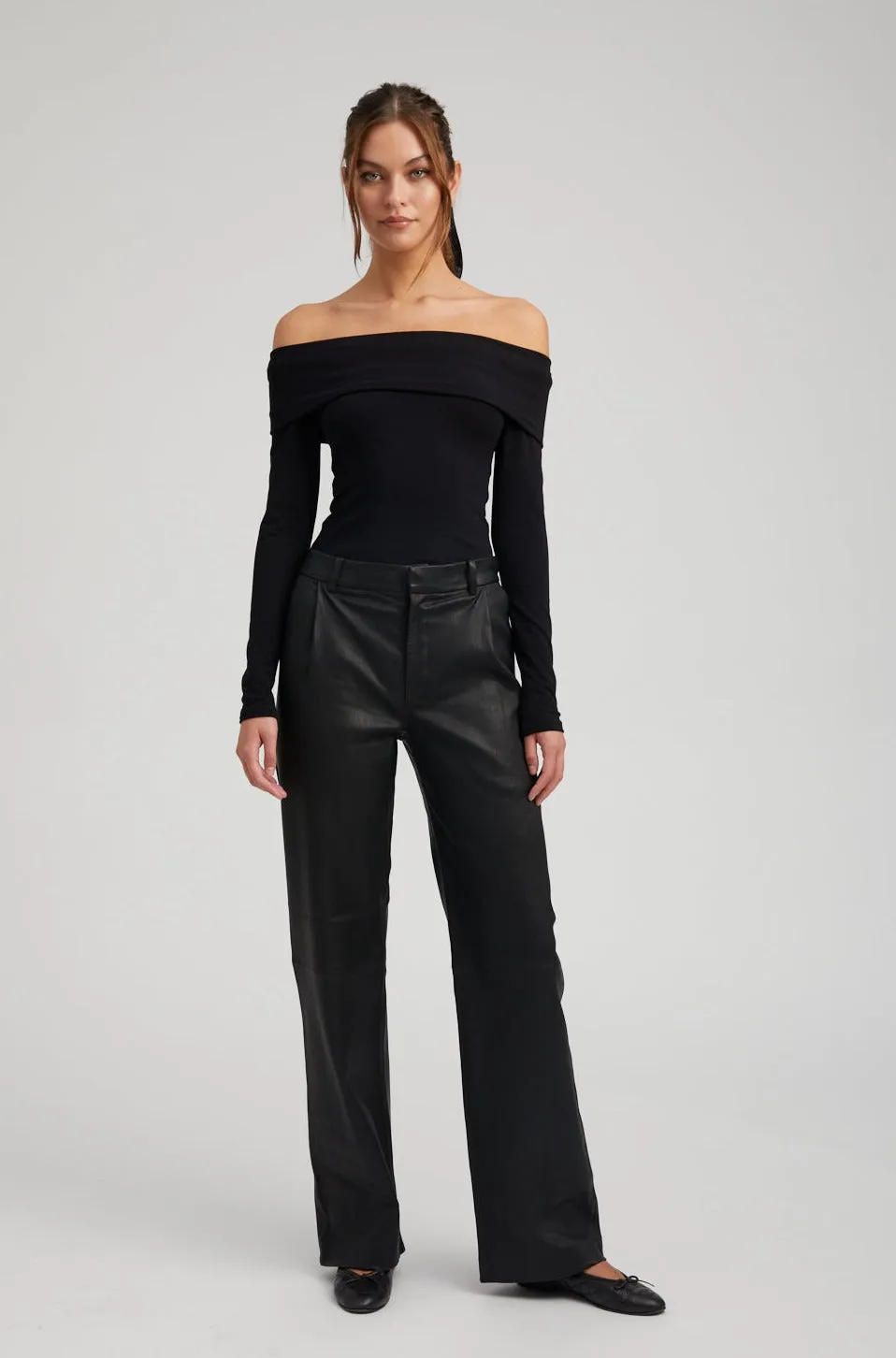 Black Leather Straight Leg Pleated Trousers PR sold by SPRWMN product image thumbnail 2