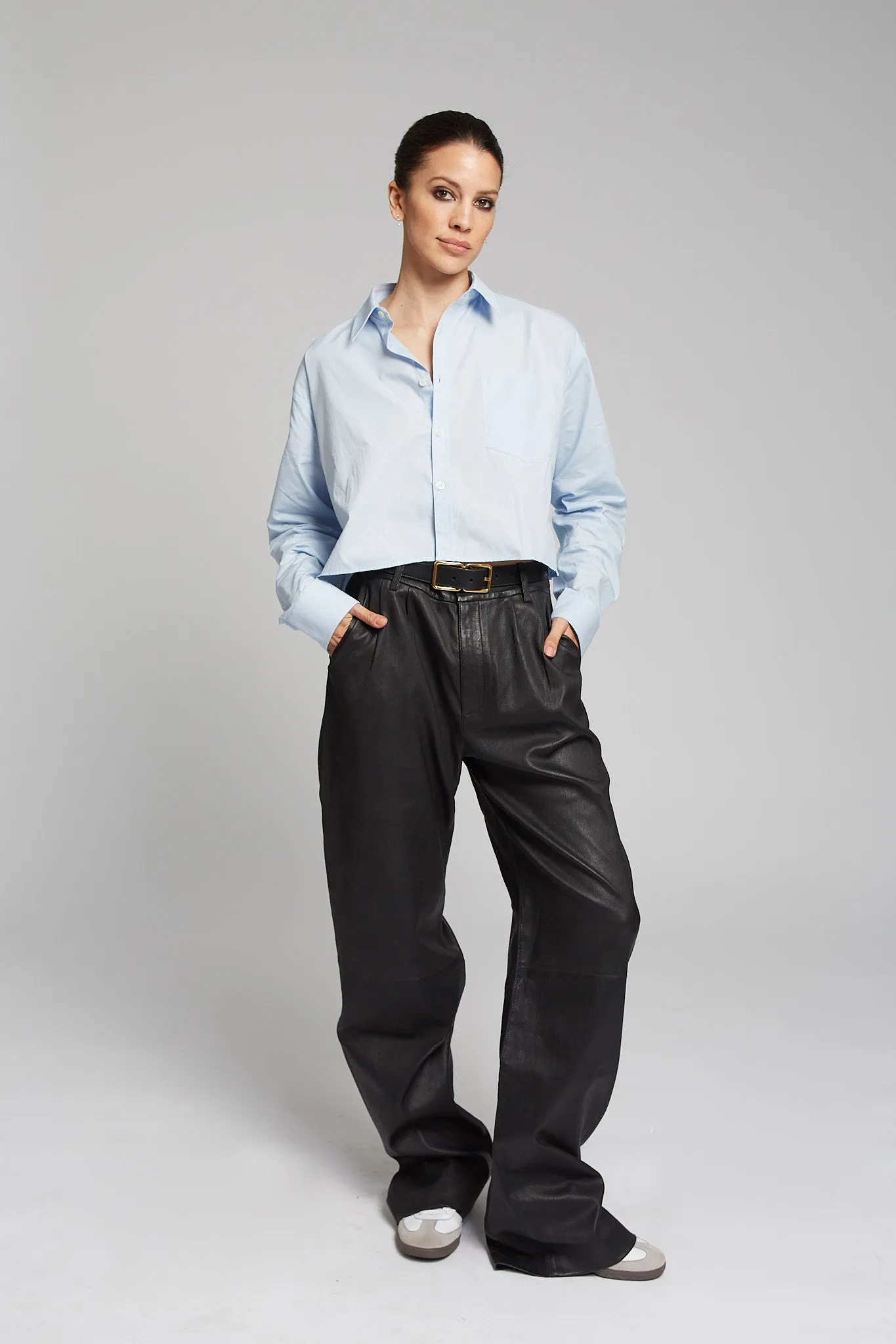 Black Leather Straight Leg Pleated Trousers PR sold by SPRWMN product image thumbnail 5