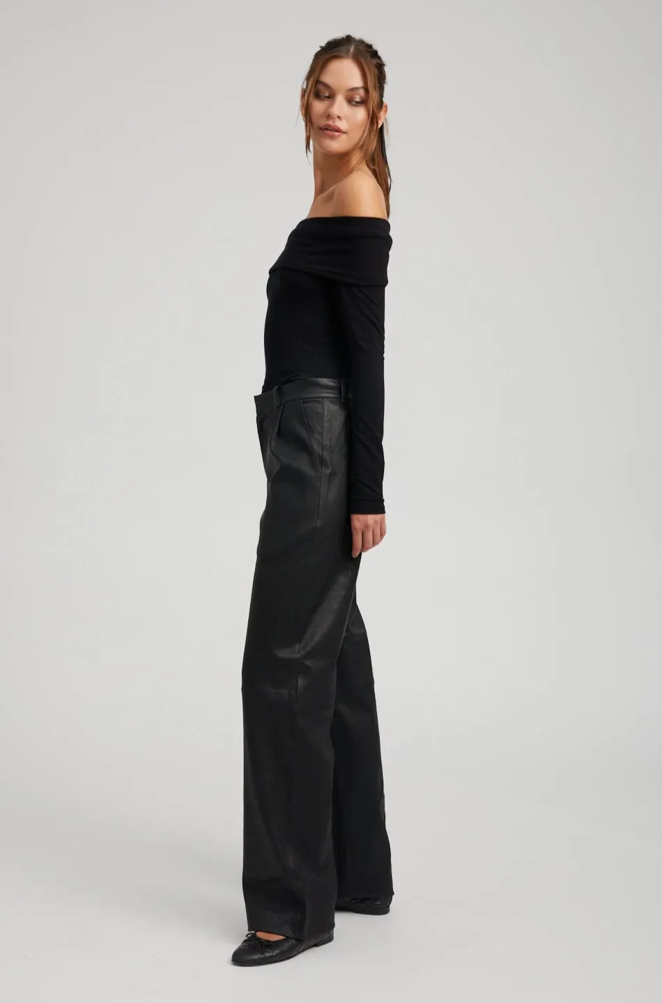 Black Leather Straight Leg Pleated Trousers PR sold by SPRWMN product image thumbnail 4