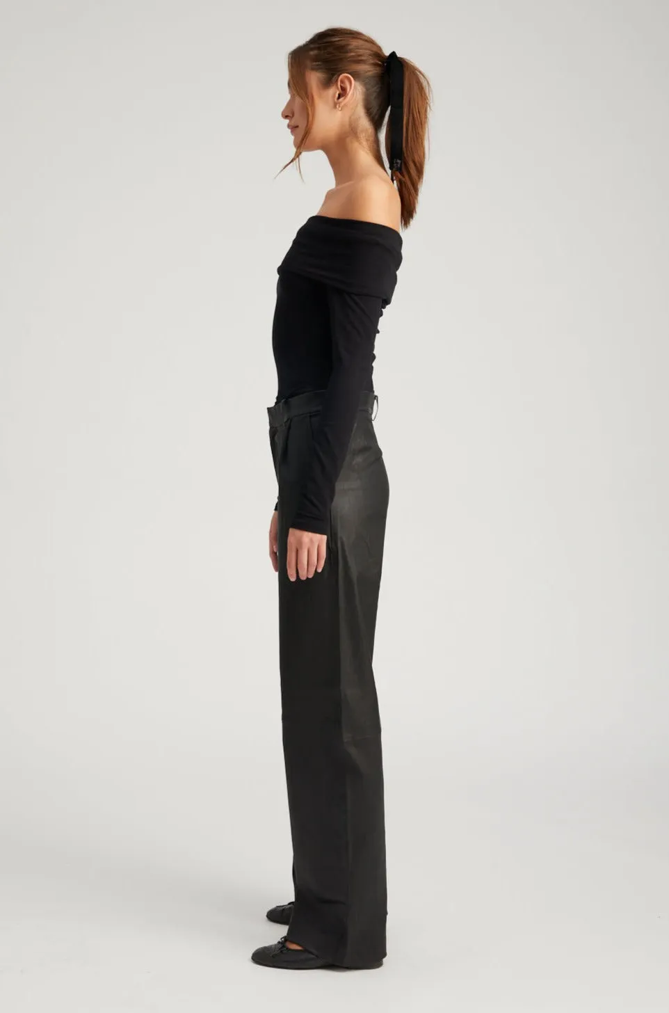 Black Leather Straight Leg Pleated Trousers PR sold by SPRWMN product image thumbnail 3