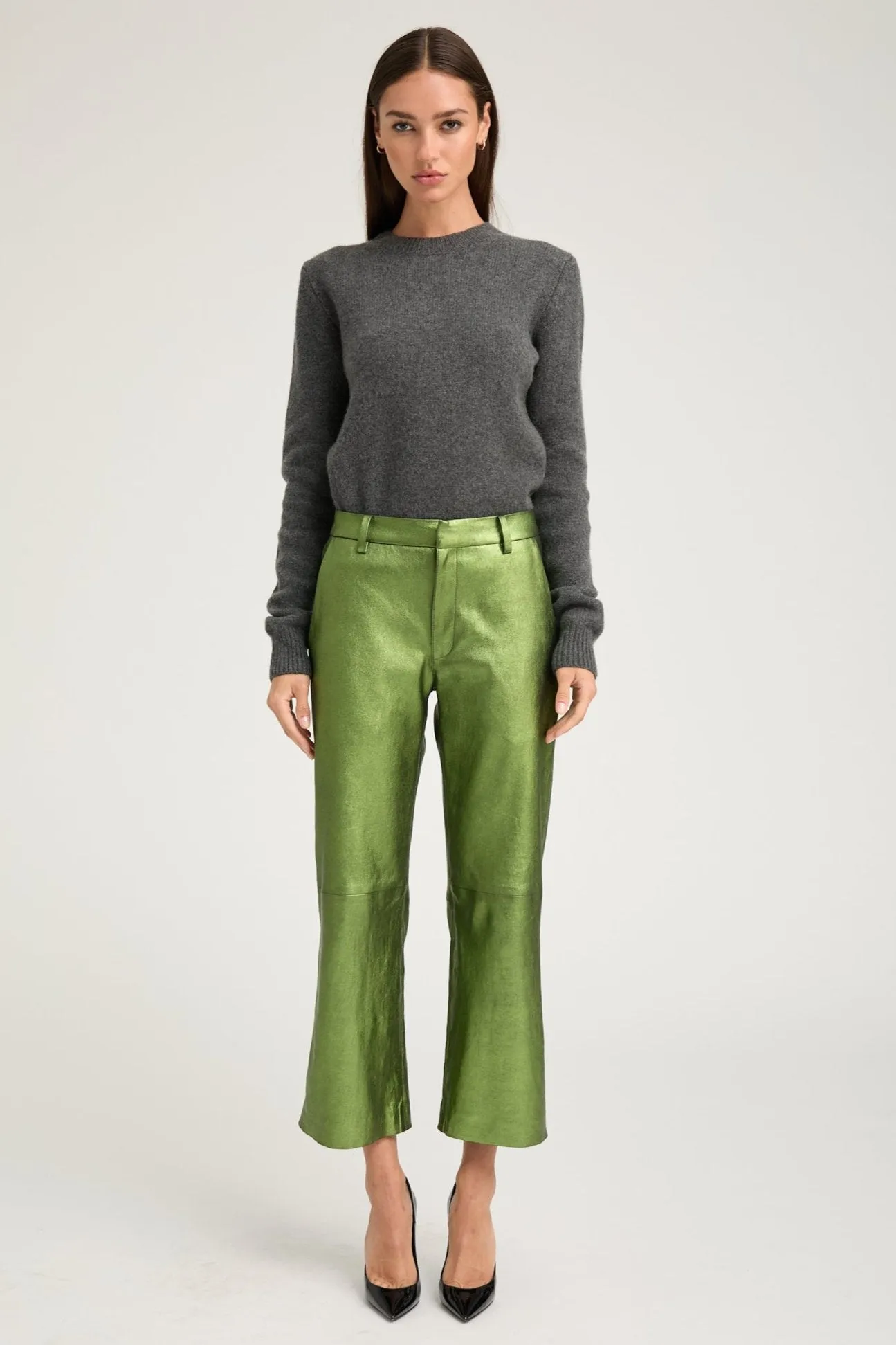Metallic Green Leather Cropped Trousers PR sold by SPRWMN