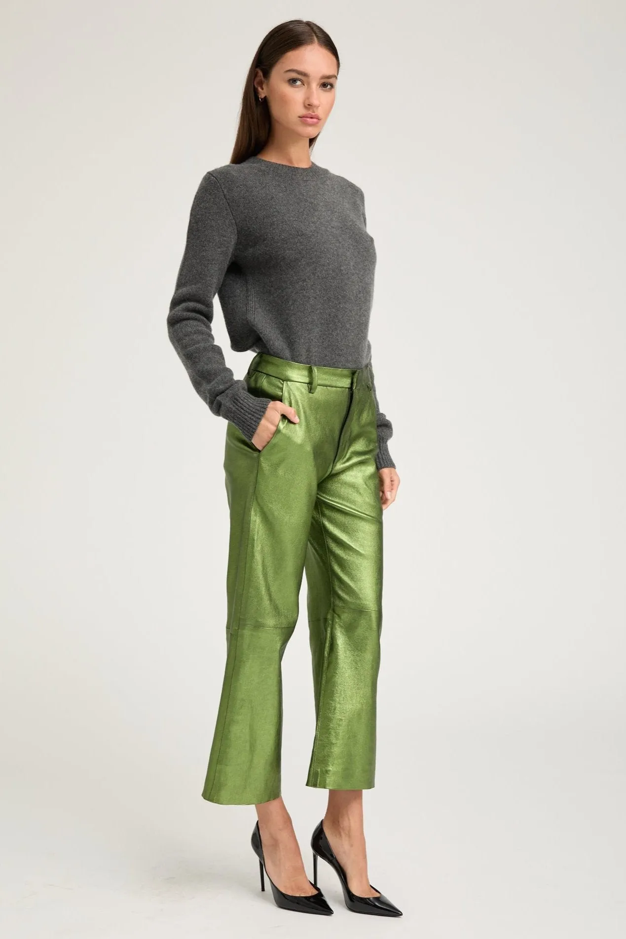 Metallic Green Leather Cropped Trousers PR sold by SPRWMN product image thumbnail 3