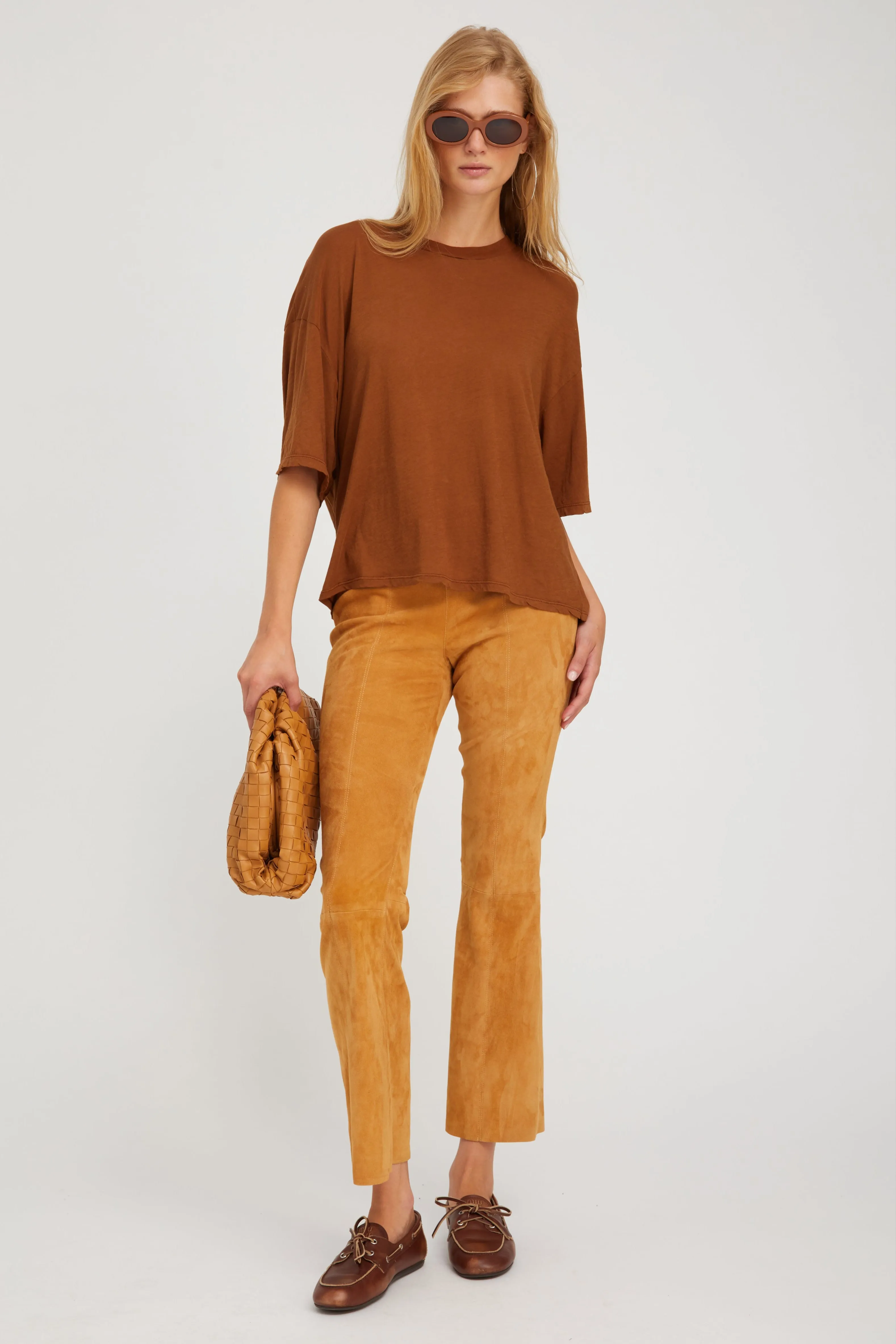 Suede Ankle Flare Pants with Princess Seams sold by SPRWMN