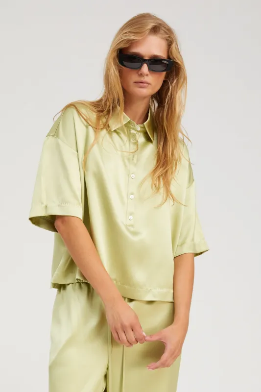 Pistachio Silk Polo Top sold by SPRWMN