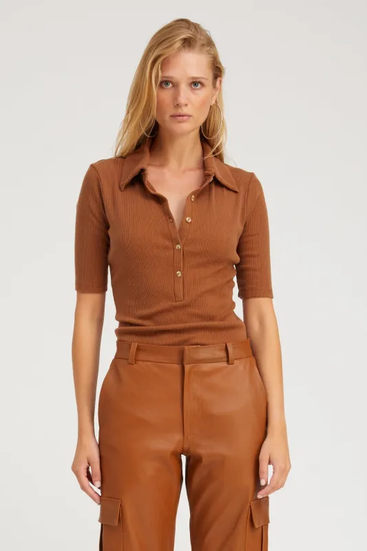 Chestnut Rib Mid Sleeve Polo Top PR sold by SPRWMN