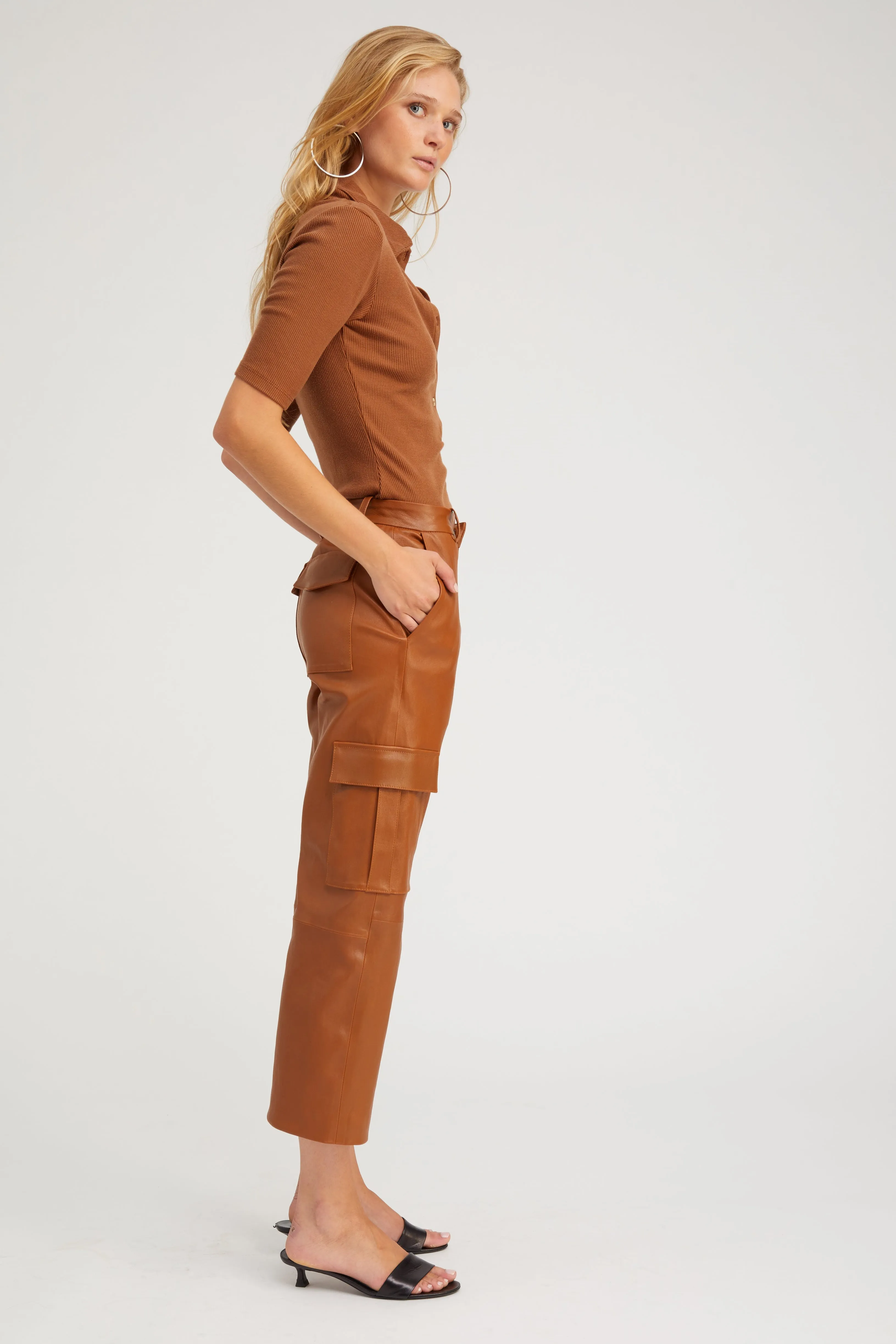 Chestnut Leather Cropped Cargo Trousers PR sold by SPRWMN product image thumbnail 3