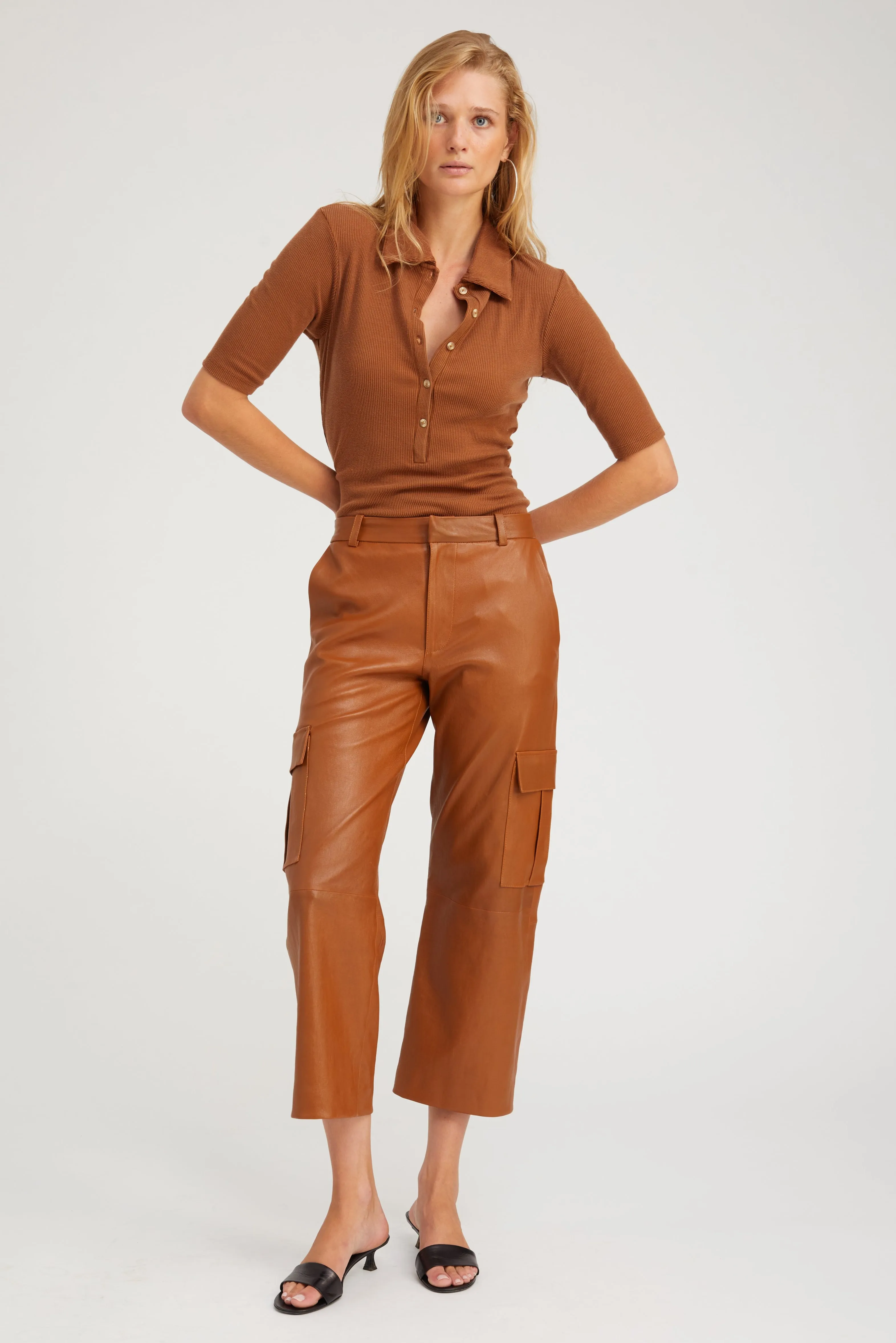 Chestnut Leather Cropped Cargo Trousers PR sold by SPRWMN