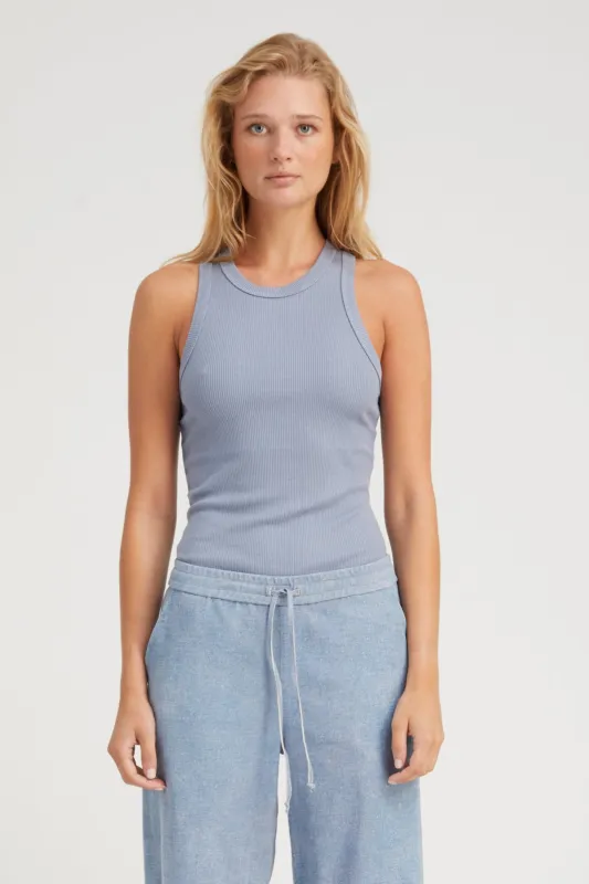 Steel Blue Rib Racer Tank sold by SPRWMN