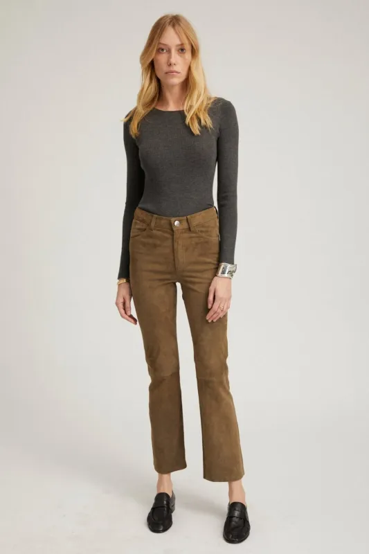 Olive Suede 5 Pocket Ankle Flare Pants PR sold by SPRWMN