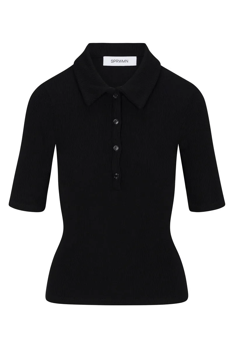 Black Rib Mid Sleeve Polo Top sold by SPRWMN