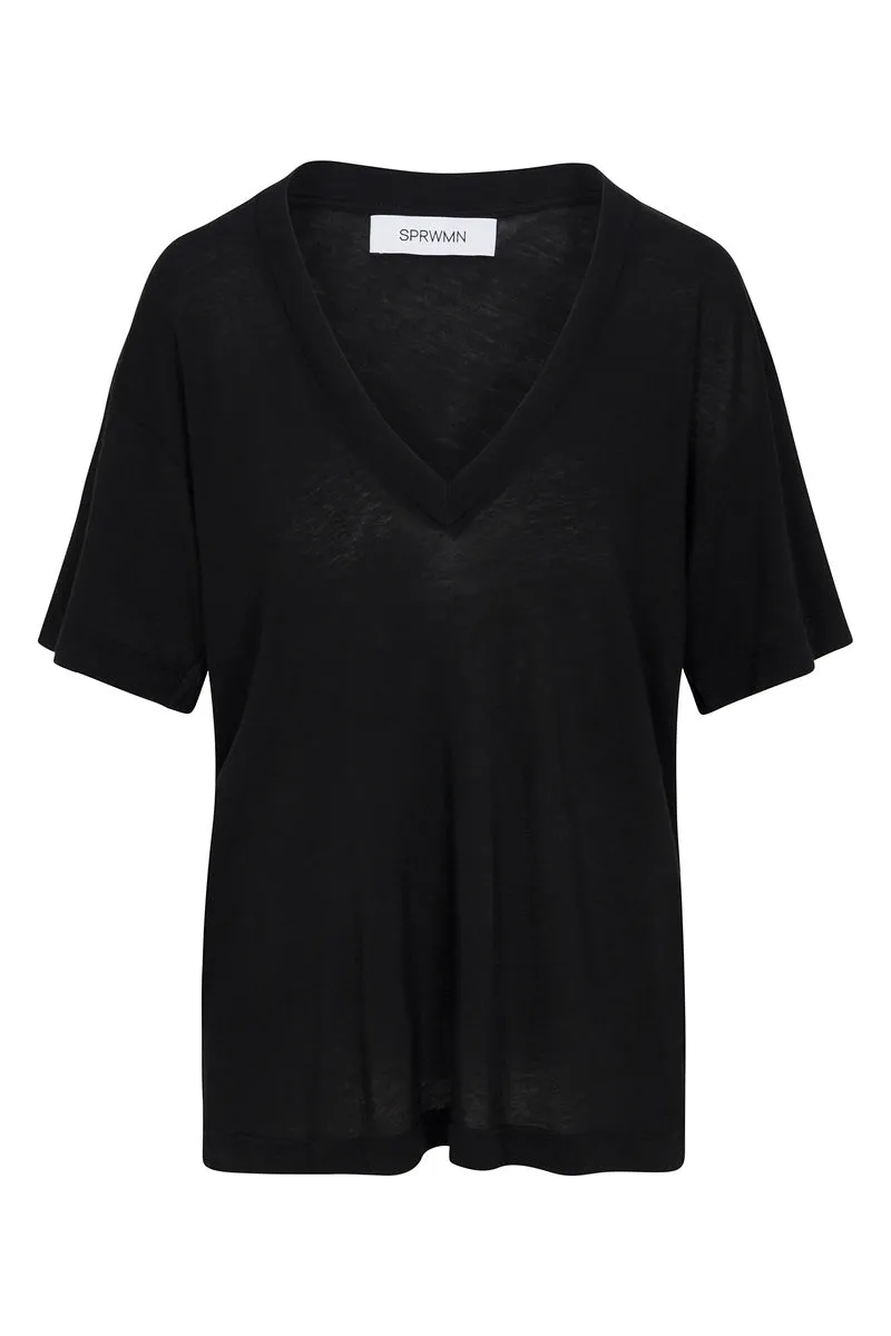 Black Cotton V-Neck Tee sold by SPRWMN