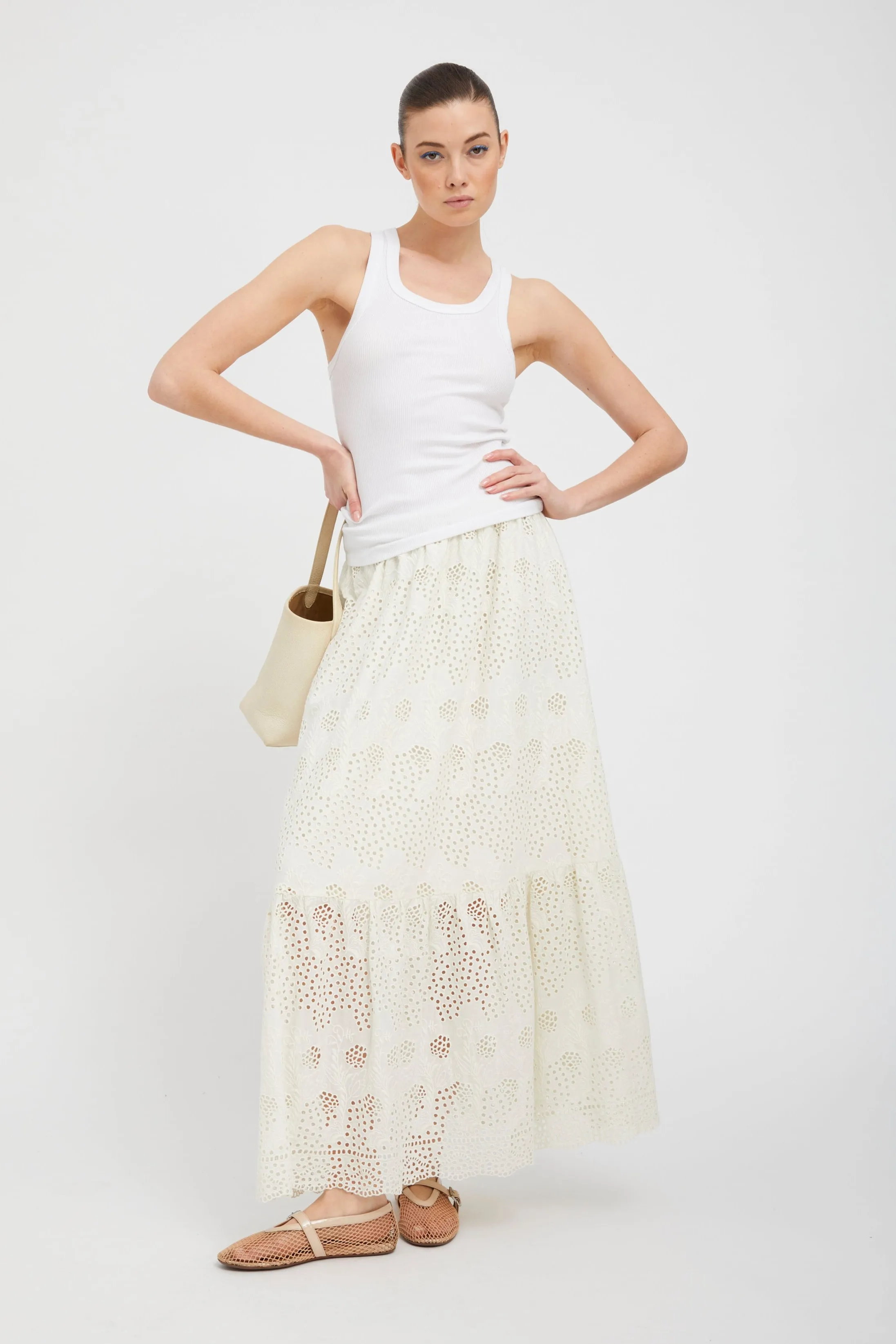 White Eyelet Ali Maxi Skirt sold by SPRWMN