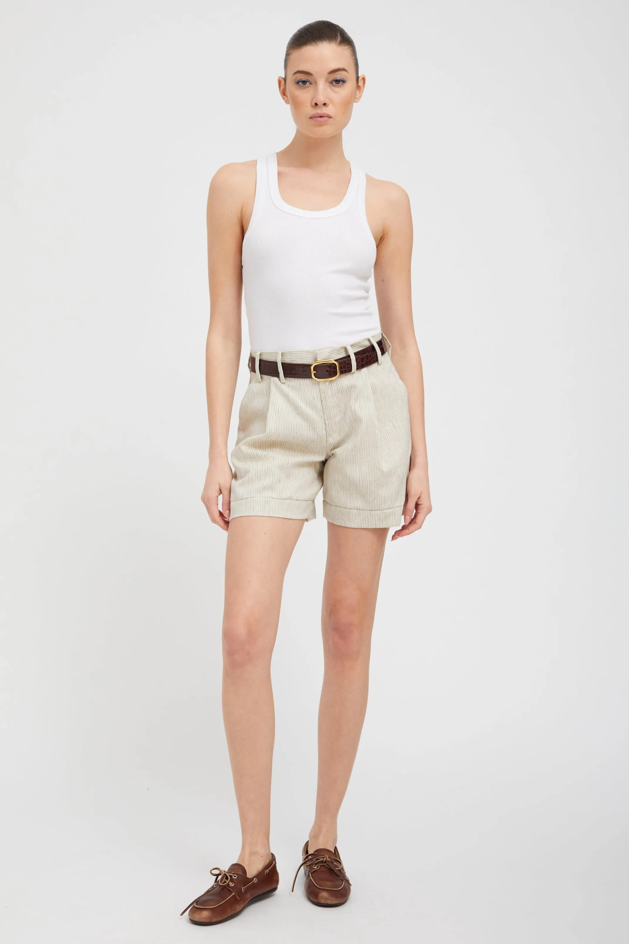 Black & White Striped Linen Pleated Trouser Shorts sold by SPRWMN