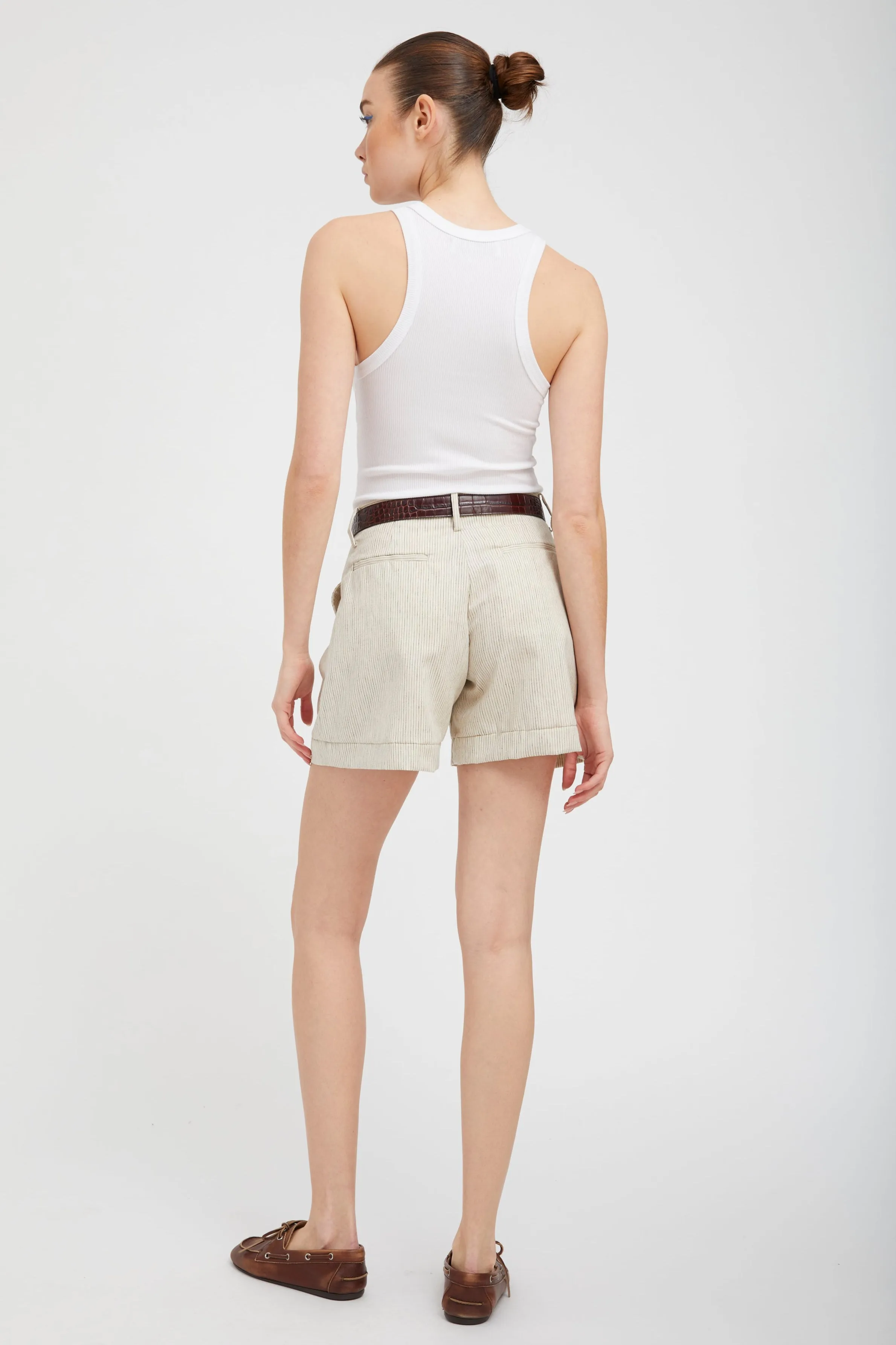 Black & White Striped Linen Pleated Trouser Shorts sold by SPRWMN product image thumbnail 4