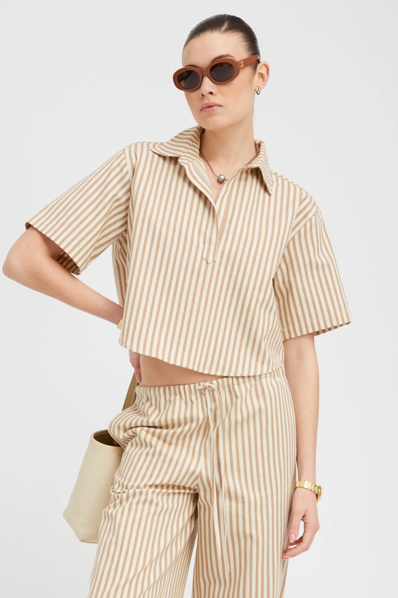 Camel Striped Linen Cropped Henley sold by SPRWMN