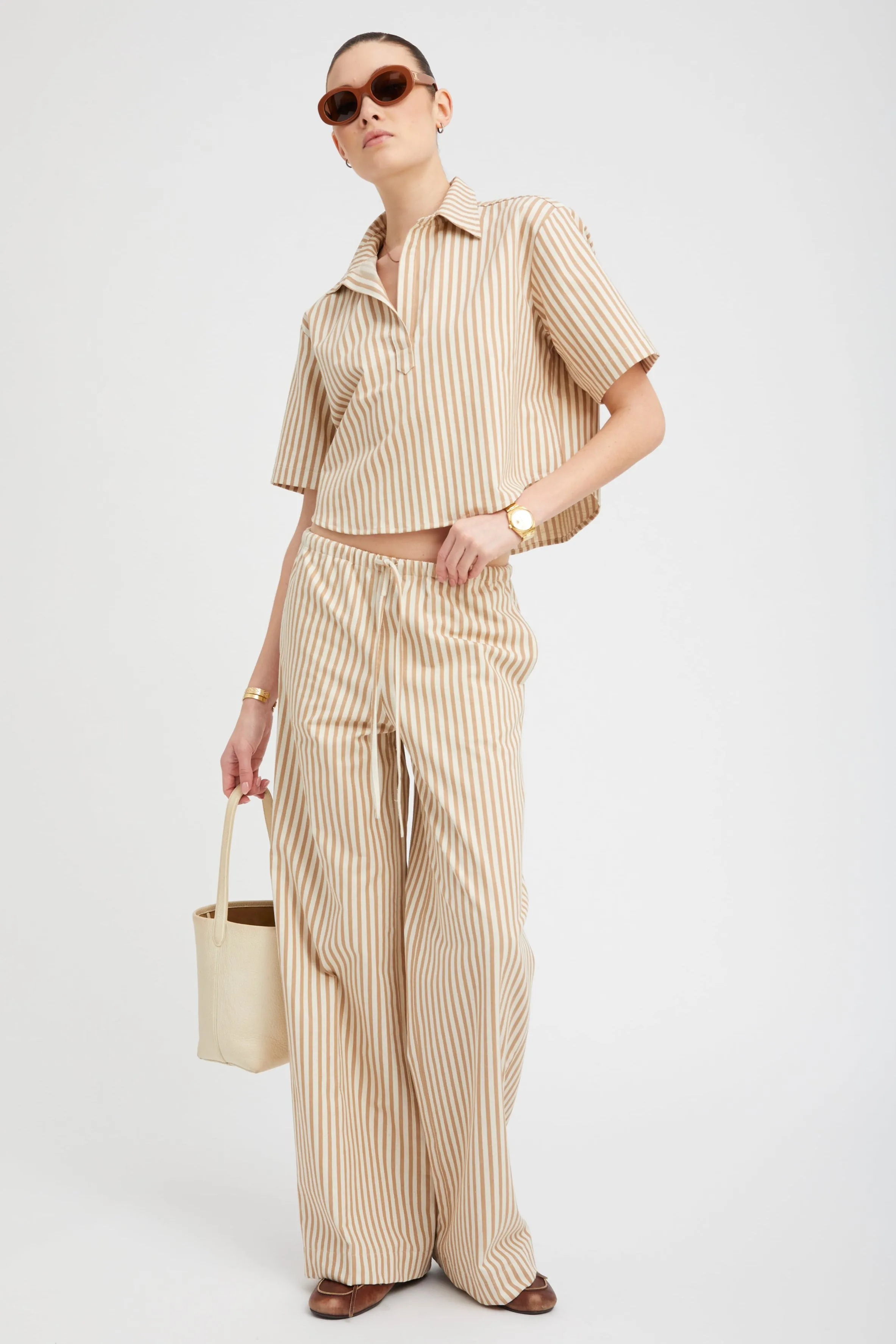 Camel Striped Linen Cropped Henley sold by SPRWMN product image thumbnail 2