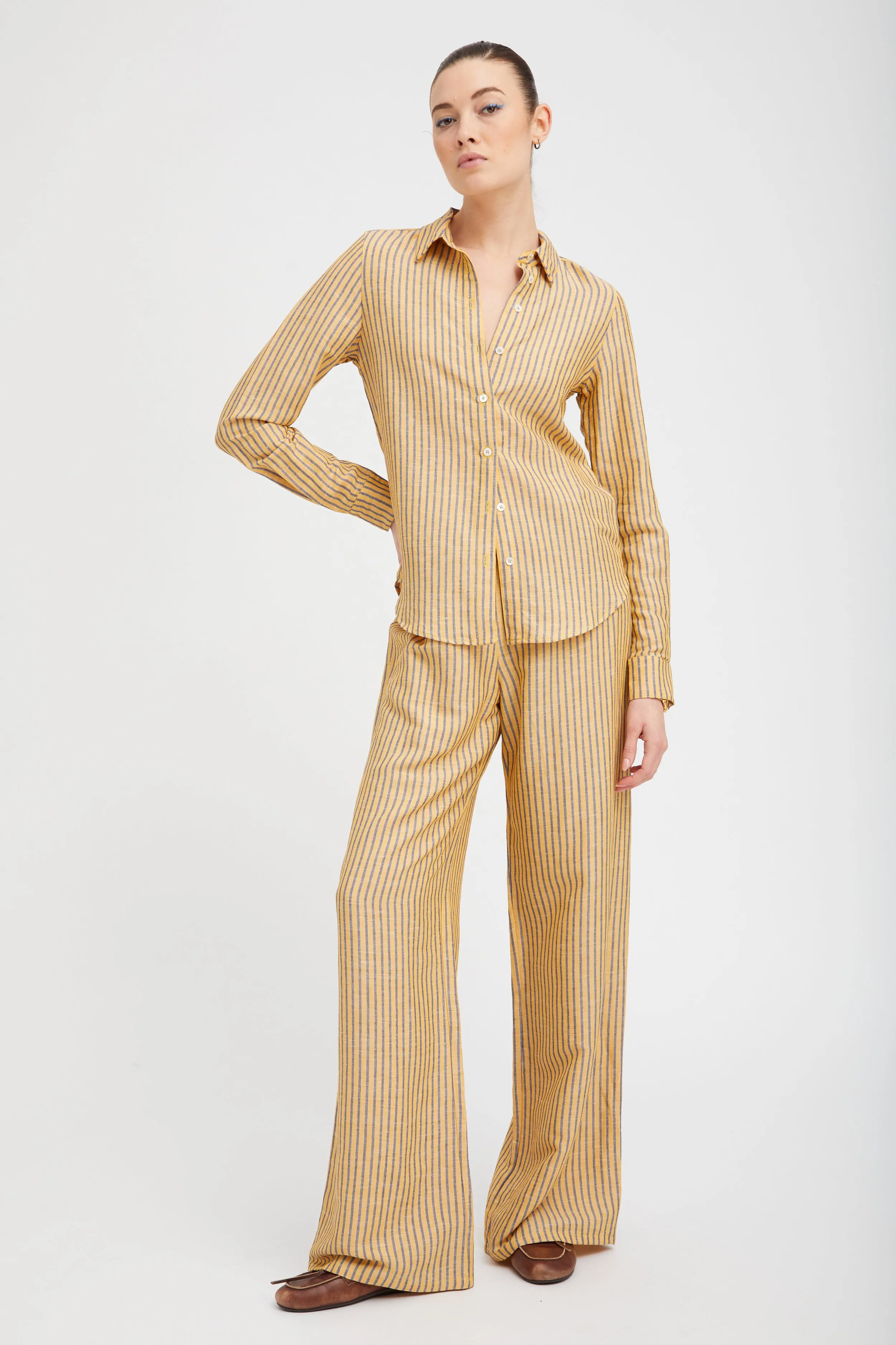 Yellow Indigo Striped Linen Easy Pants sold by SPRWMN product image thumbnail 2
