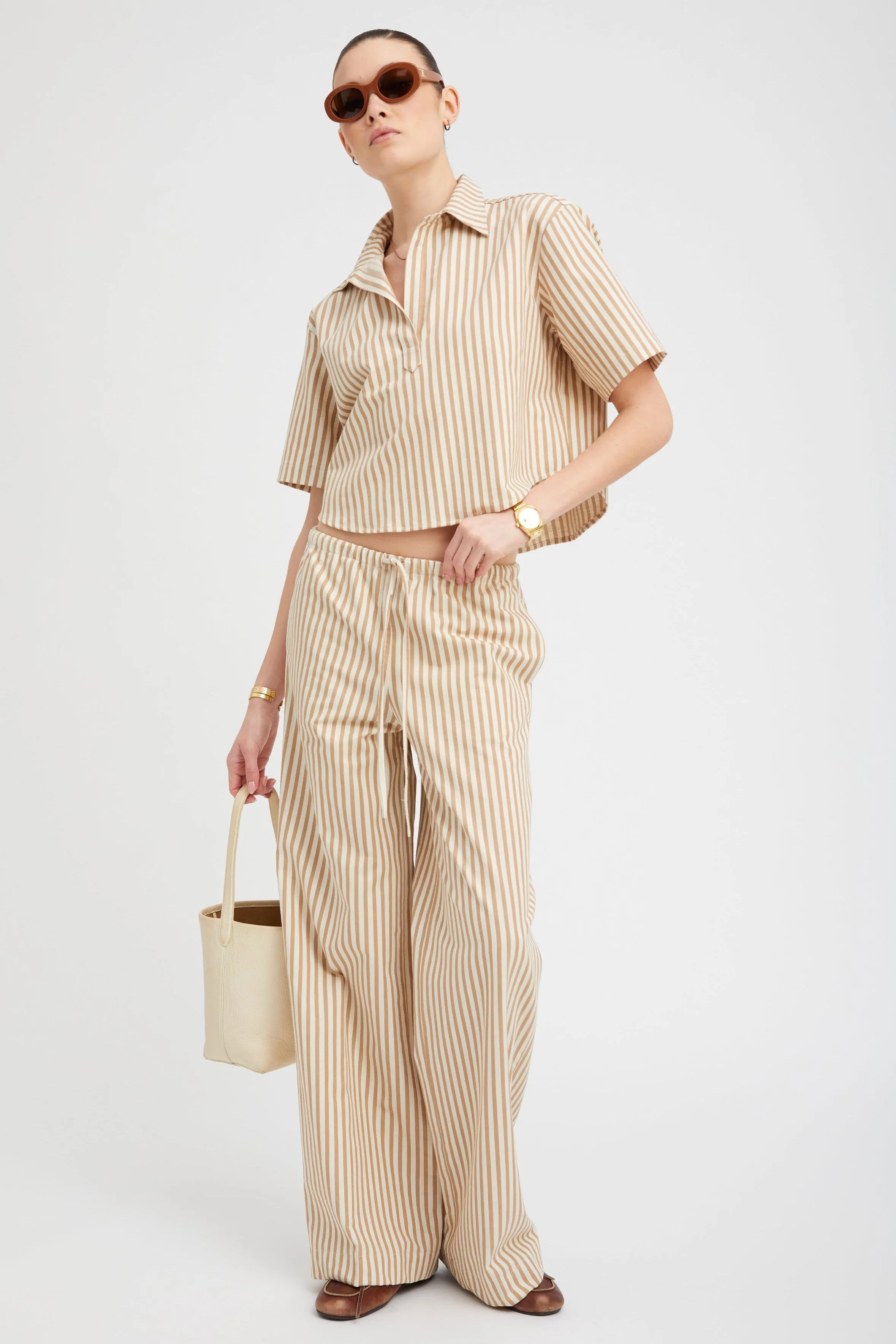 Camel Stripe Linen Drawstring Pants sold by SPRWMN