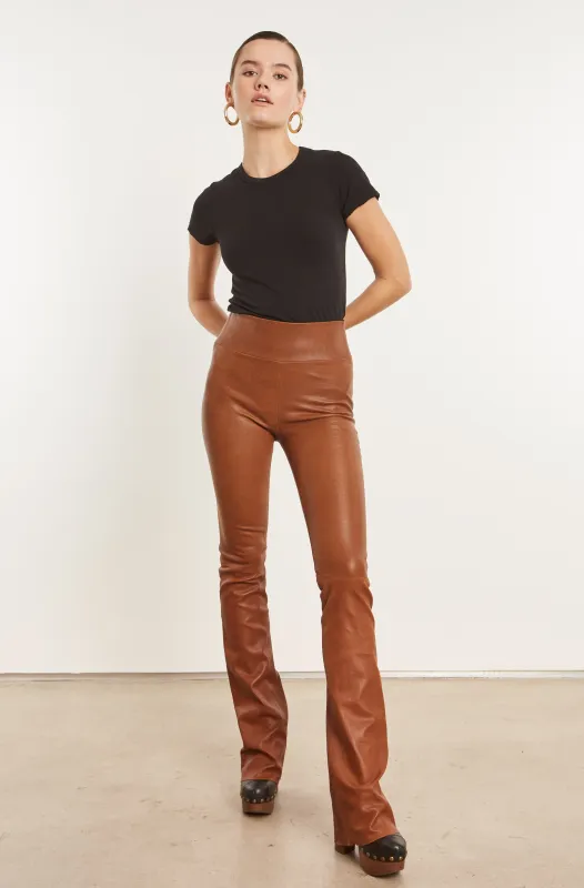 Dark Cognac Leather Micro Flare Pants PR sold by SPRWMN