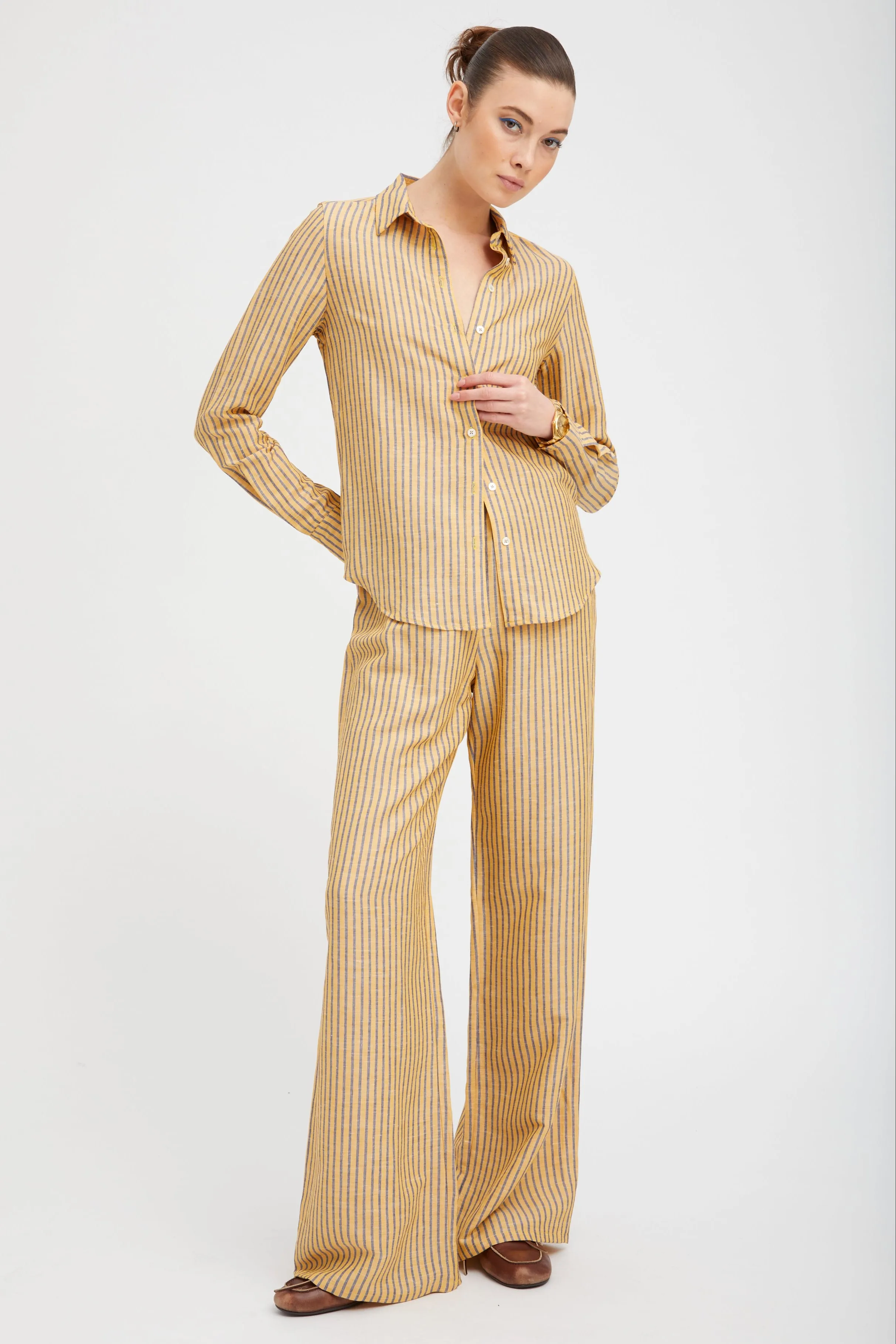 Yellow Indigo Stripe Linen Fonda Button Down PR sold by SPRWMN product image thumbnail 2