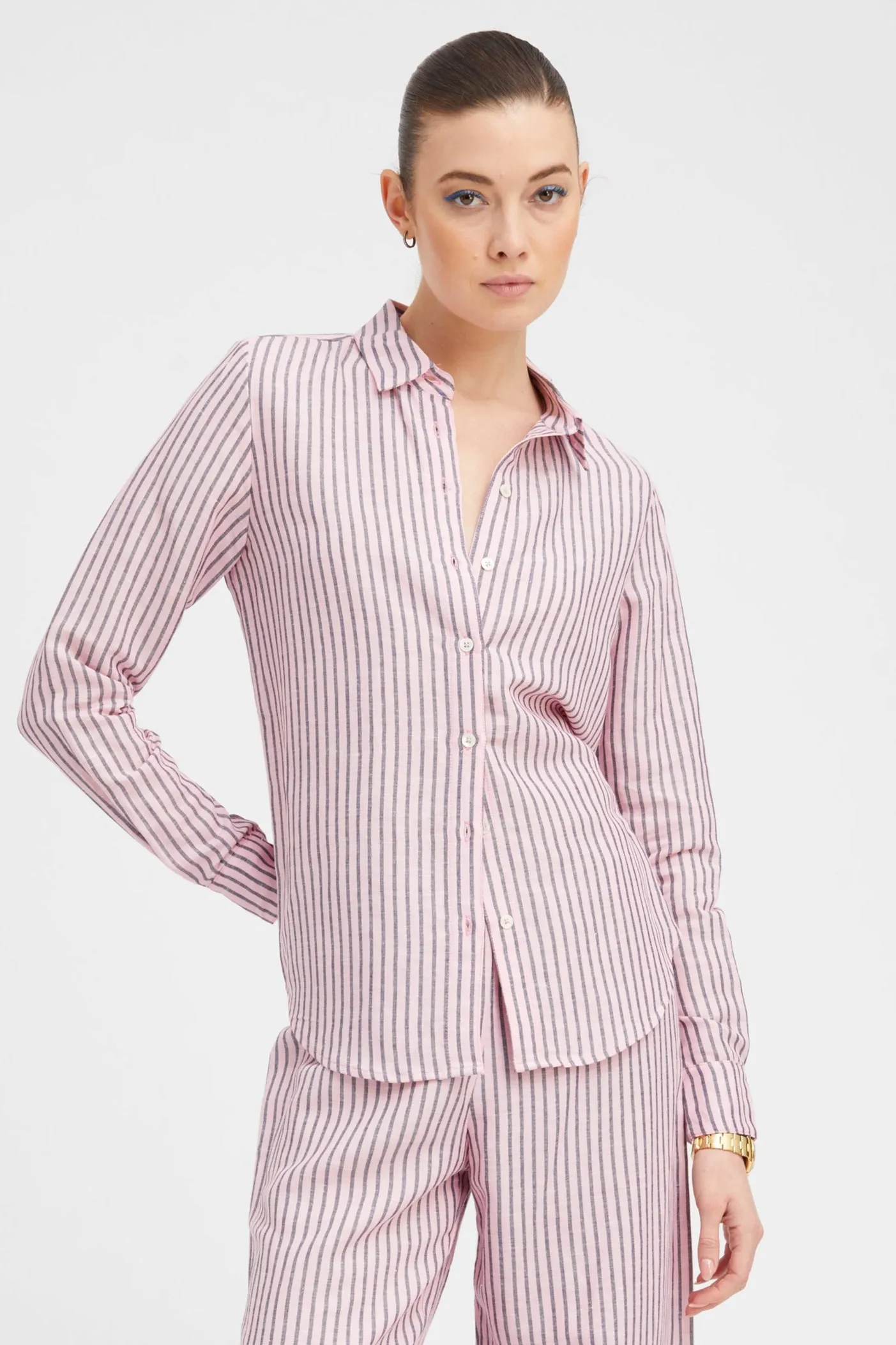 Pink Indigo Stripe Linen Fonda Button Down PR sold by SPRWMN