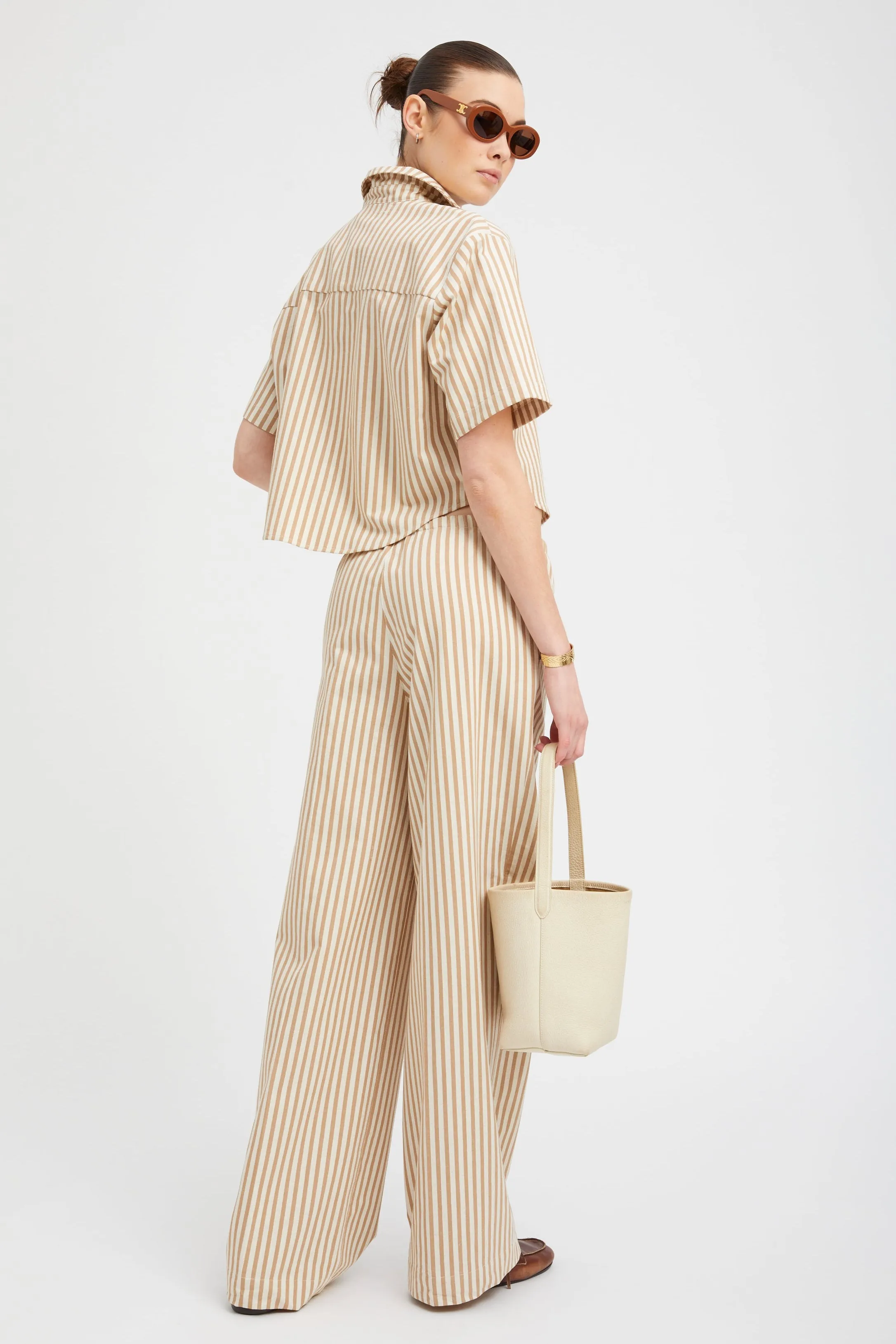 Camel Striped Linen Cropped Henley PR sold by SPRWMN product image thumbnail 4