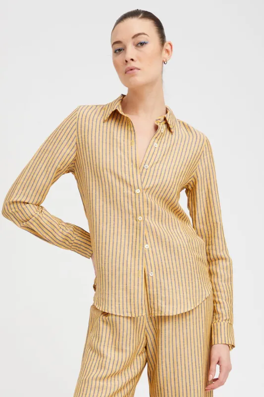Yellow Indigo Stripe Linen Fonda Button Down sold by SPRWMN