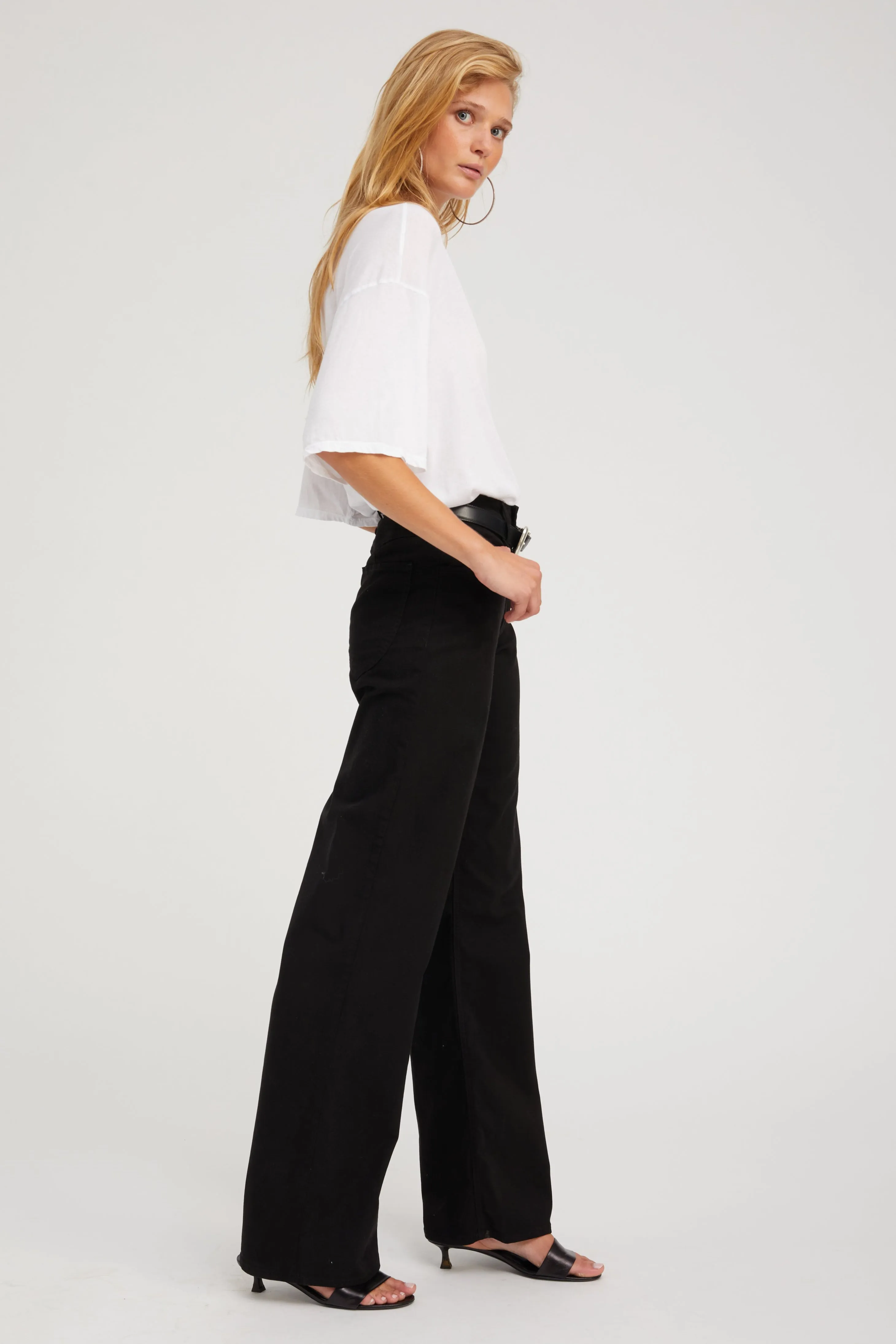 Black Mid-Rise Wide Leg Twill Pant sold by SPRWMN product image thumbnail 3