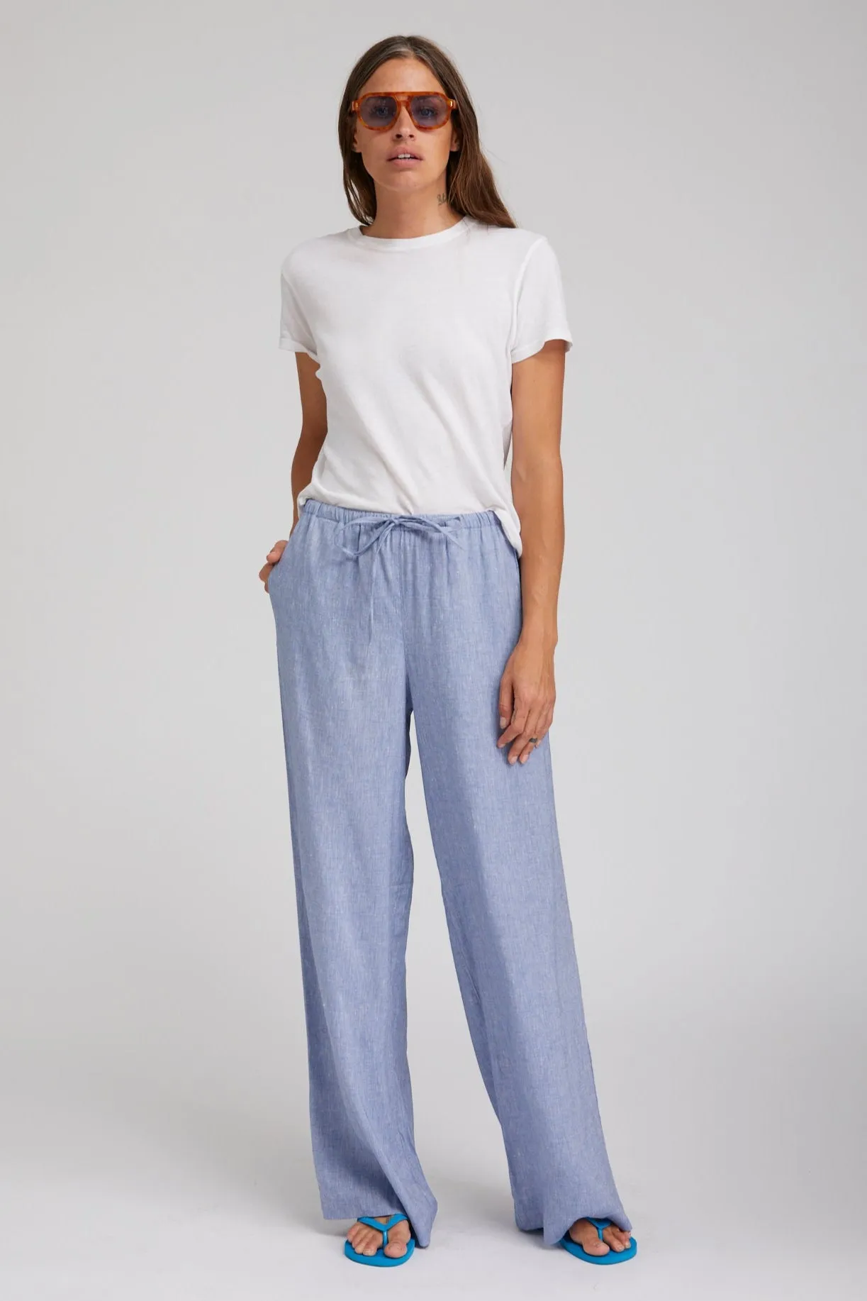 Blue Linen Drawstring Pants sold by SPRWMN
