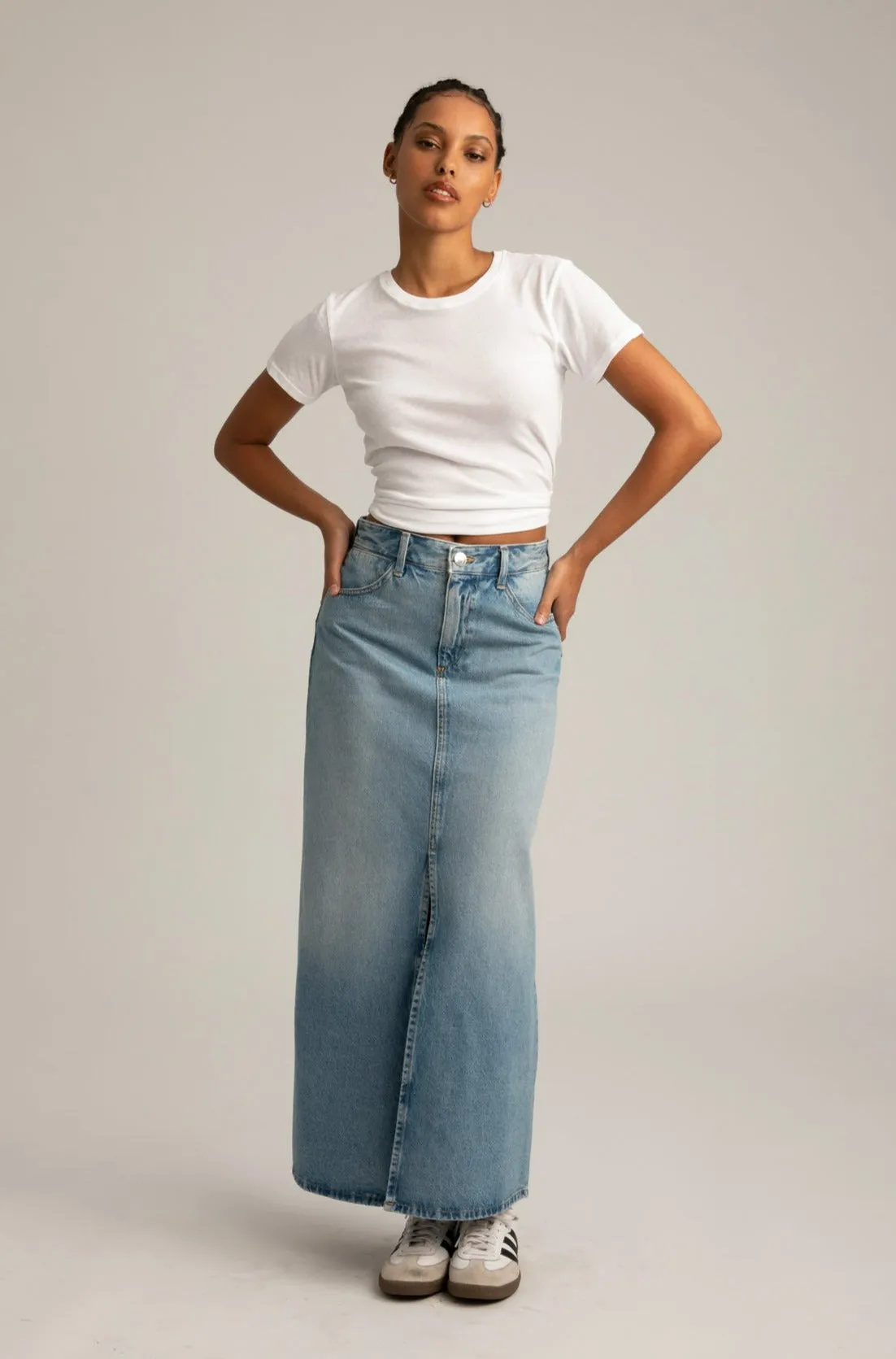 Paradis Long Denim Slit Skirt sold by SPRWMN