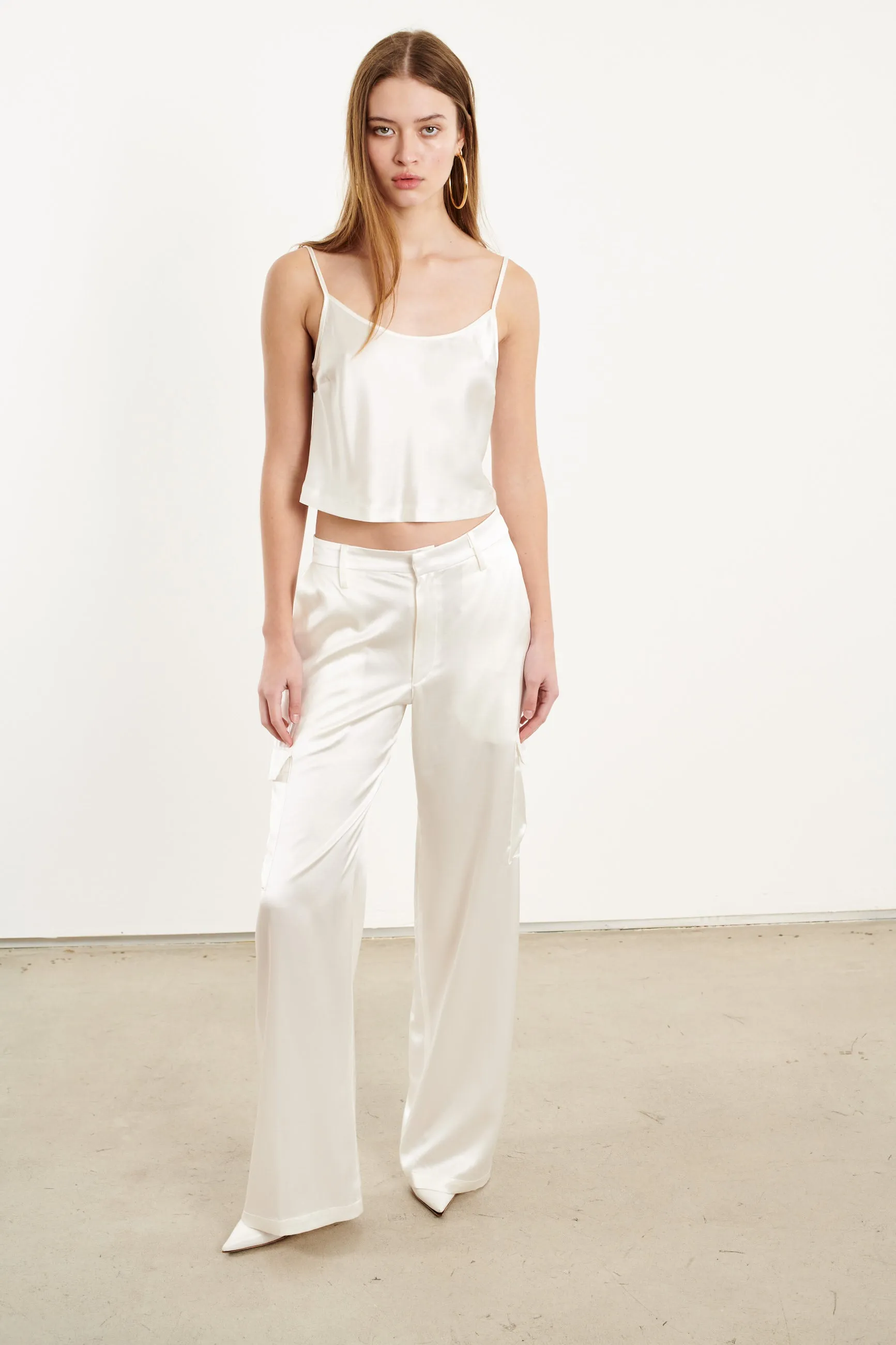 White Silk Baggy Cargo Pants sold by SPRWMN