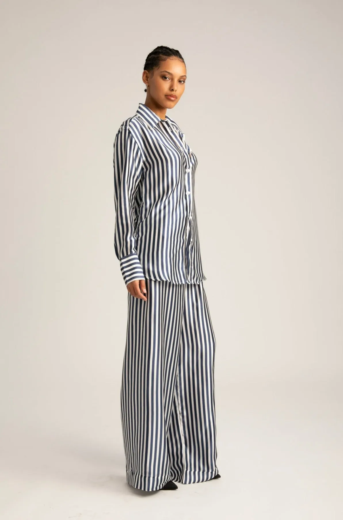 Navy Striped Silk Button Down sold by SPRWMN product image thumbnail 3
