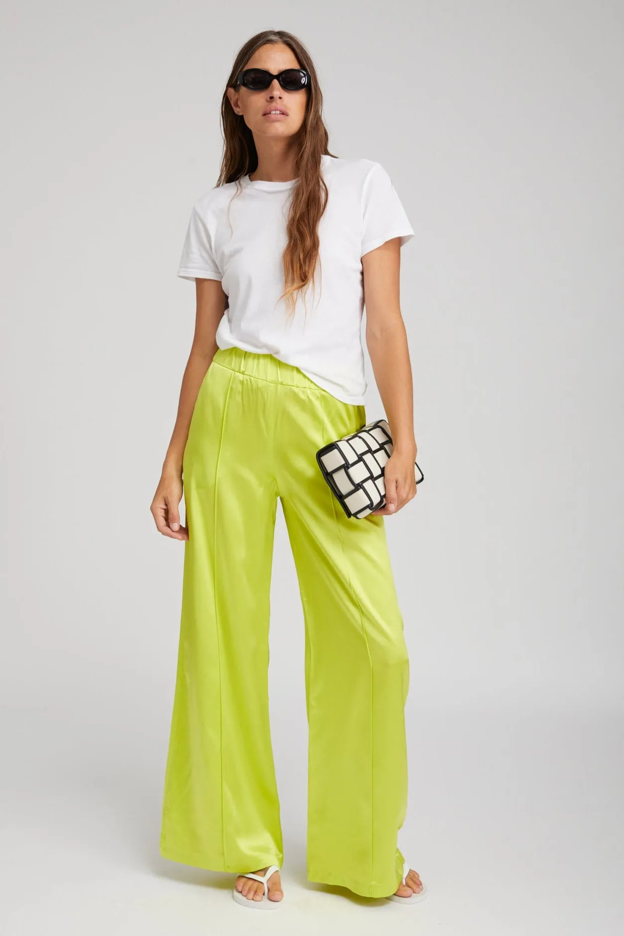 Electric Chartreuse Silk Wide Leg Pintuck Pants sold by SPRWMN