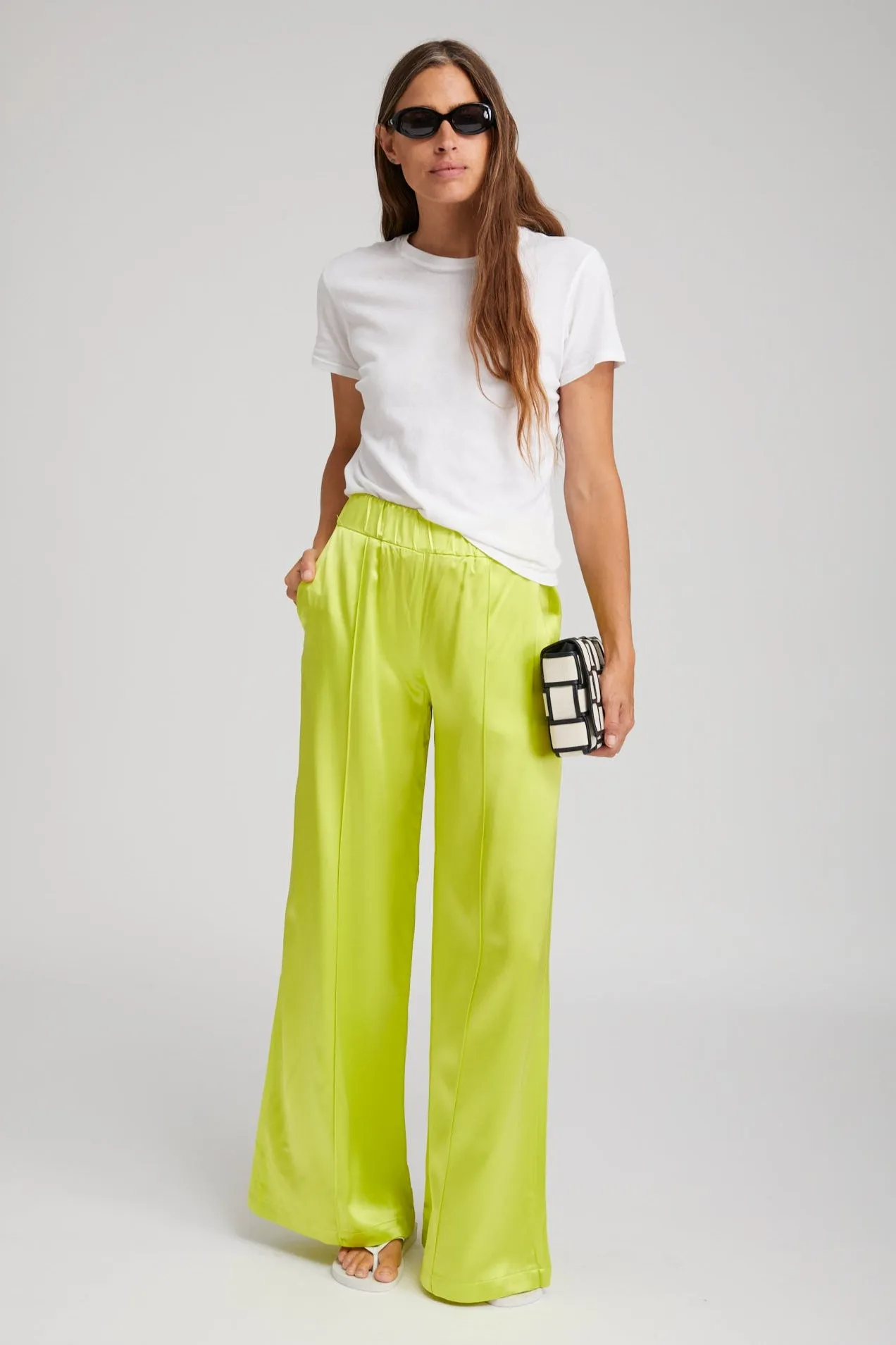 Electric Chartreuse Silk Wide Leg Pintuck Pants sold by SPRWMN product image thumbnail 3