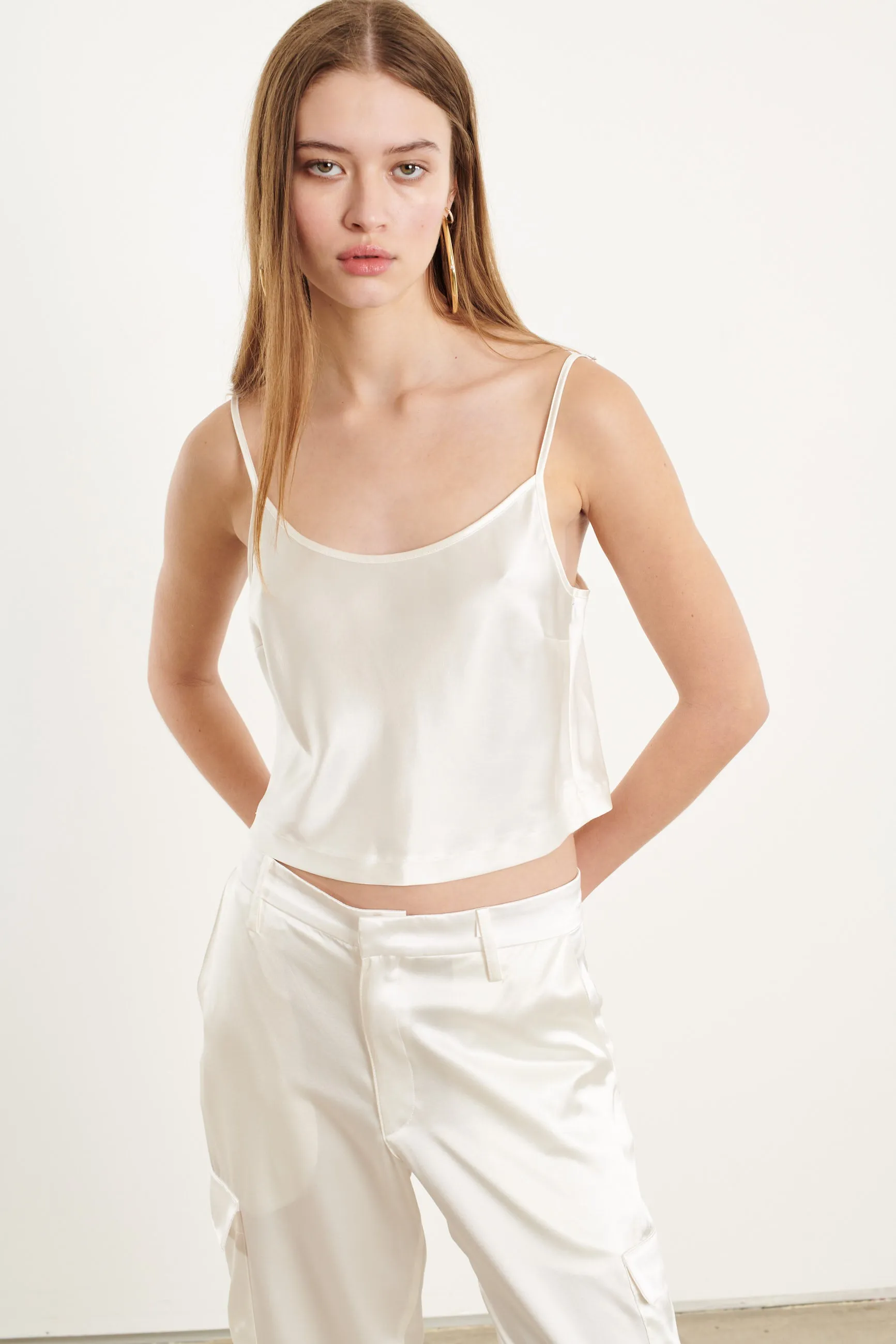 White Silk Cropped Cami sold by SPRWMN