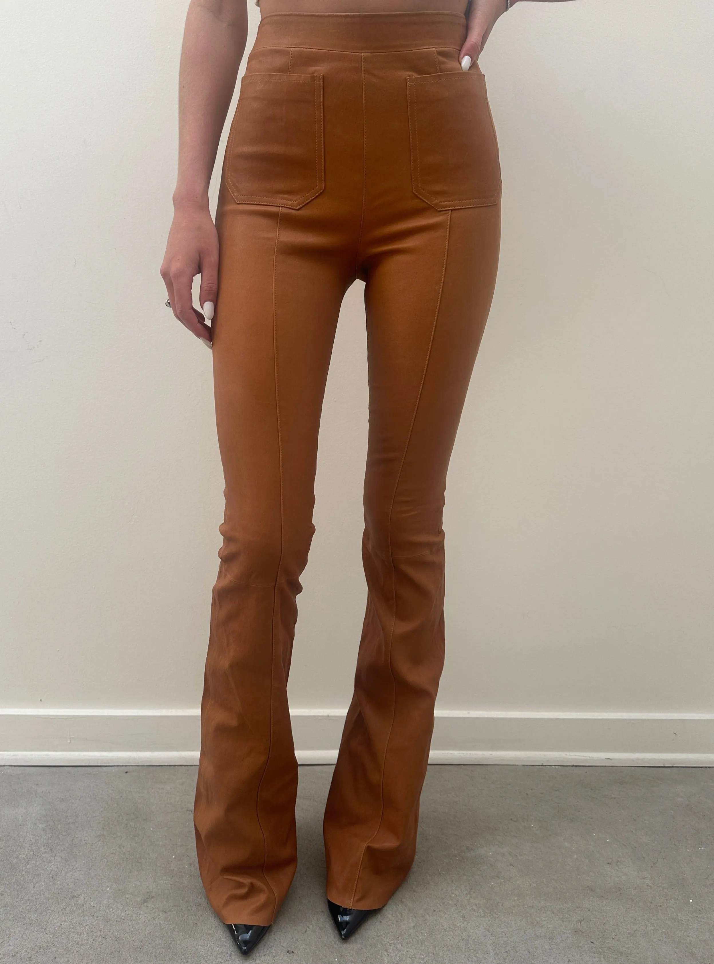 Camel Leather Patch Pocket Super Flare Pants sold by SPRWMN product image thumbnail 2