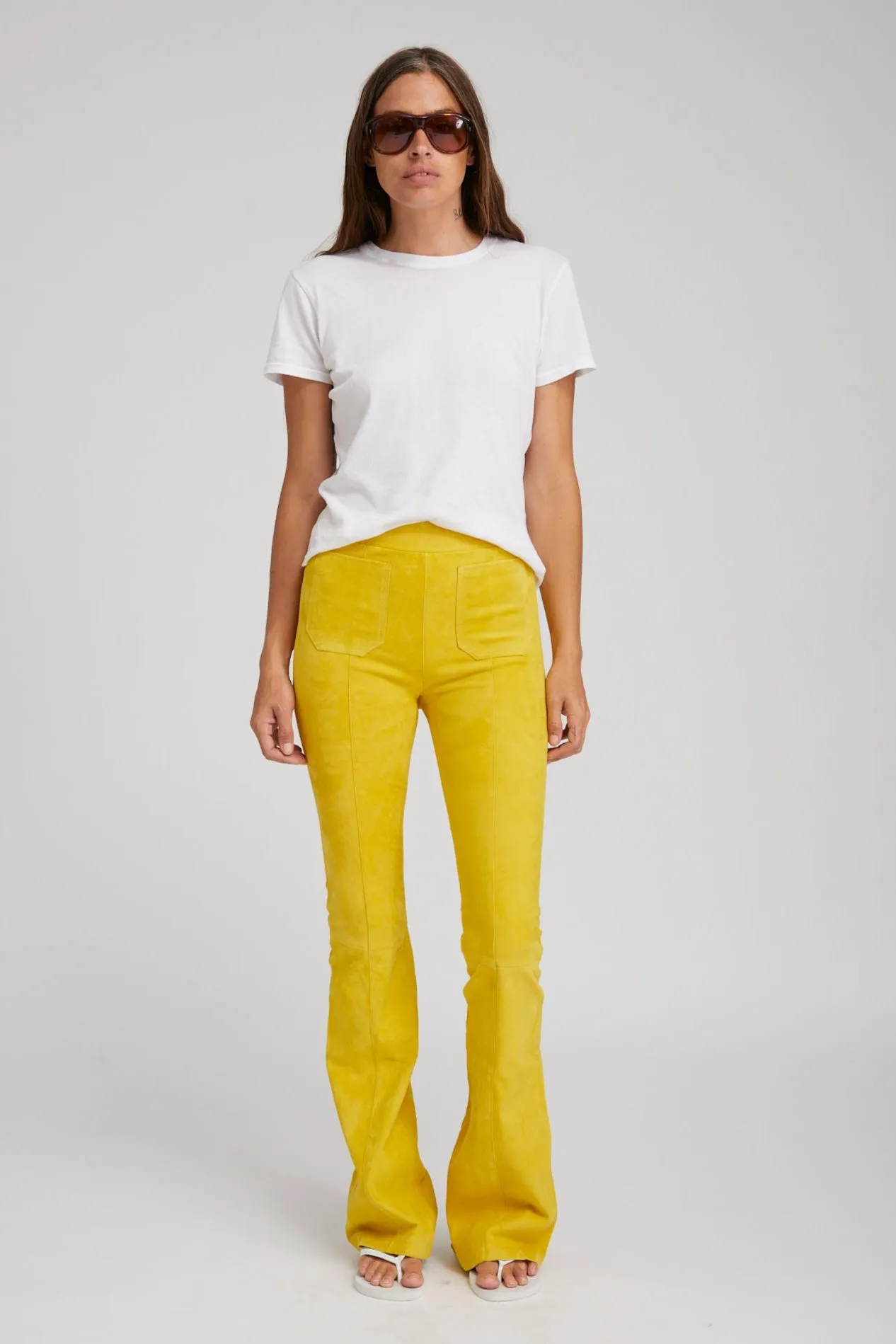 Citron Suede Patch Pocket Super Flare Pants sold by SPRWMN