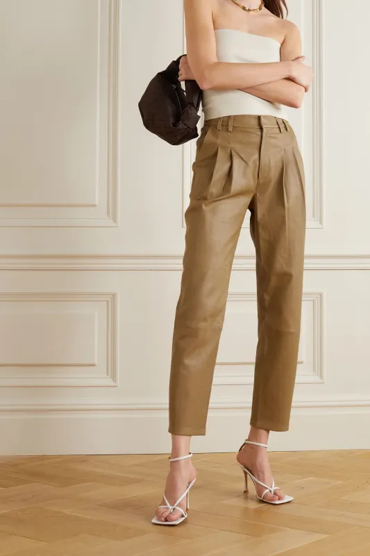 Moss Gold Leather Tailored Trousers sold by SPRWMN