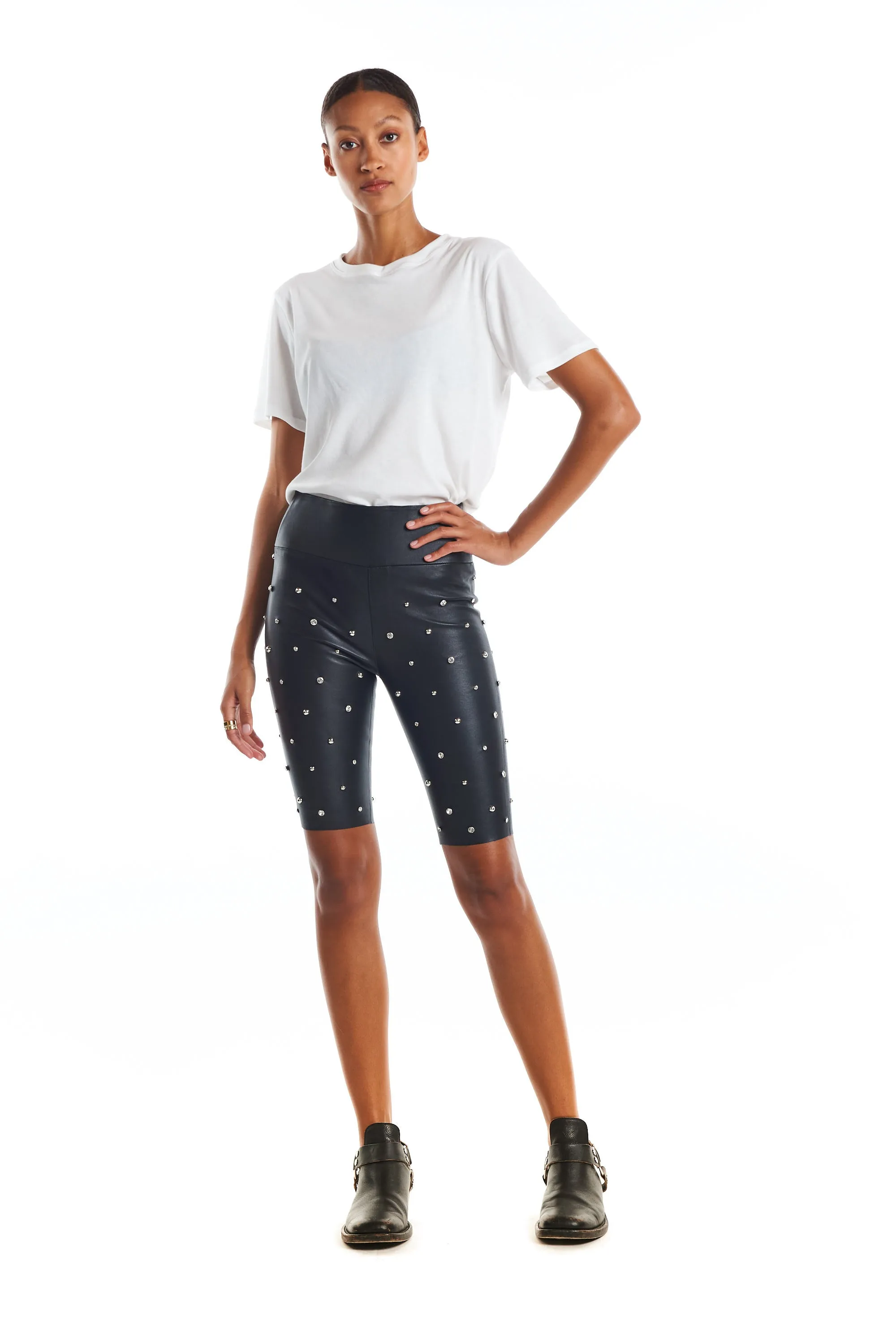 Black Leather Rhinestone Biker Shorts sold by SPRWMN