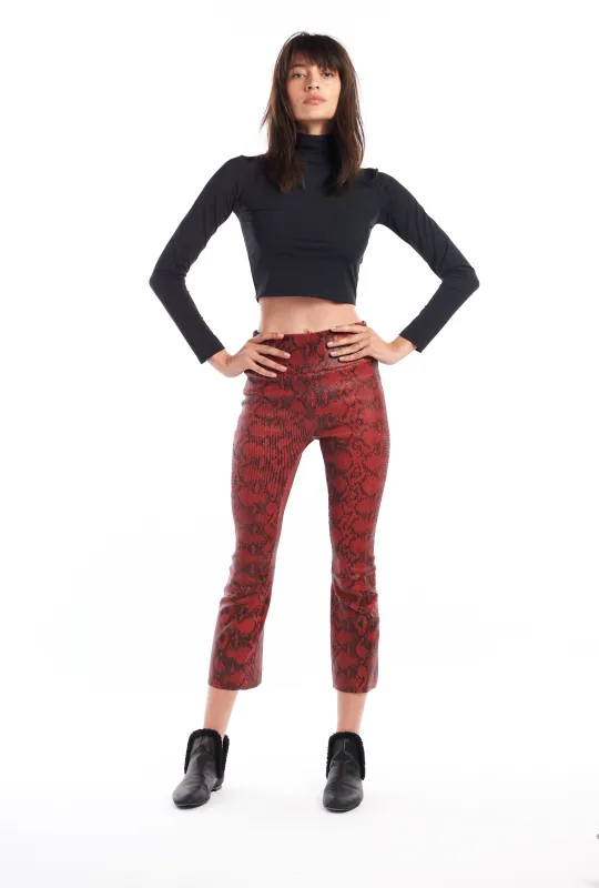 Blood Red Snake Print Leather Crop Flare Legging made by SPRWMN