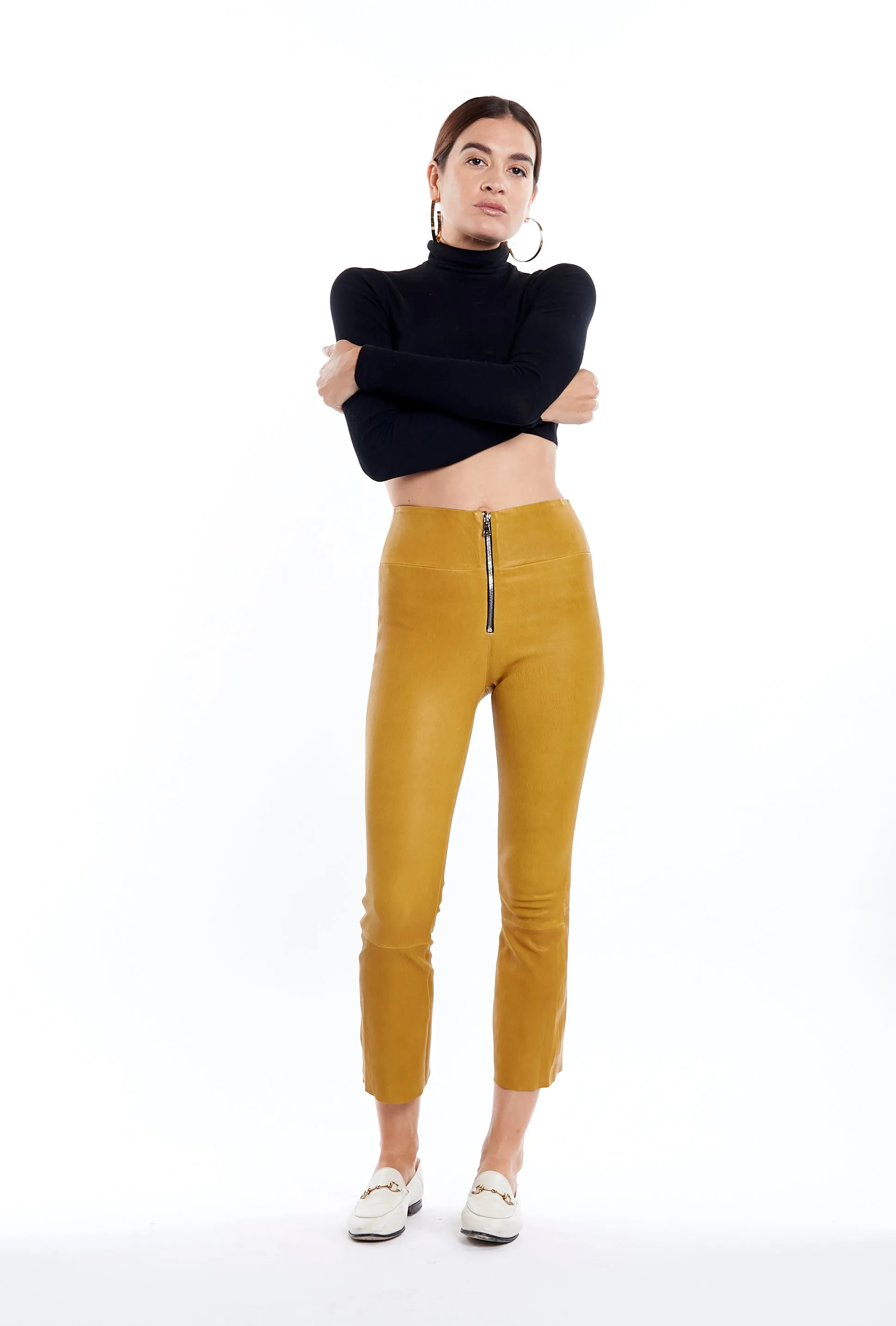 Saffron Leather Crop Flare Pants with Zipper sold by SPRWMN