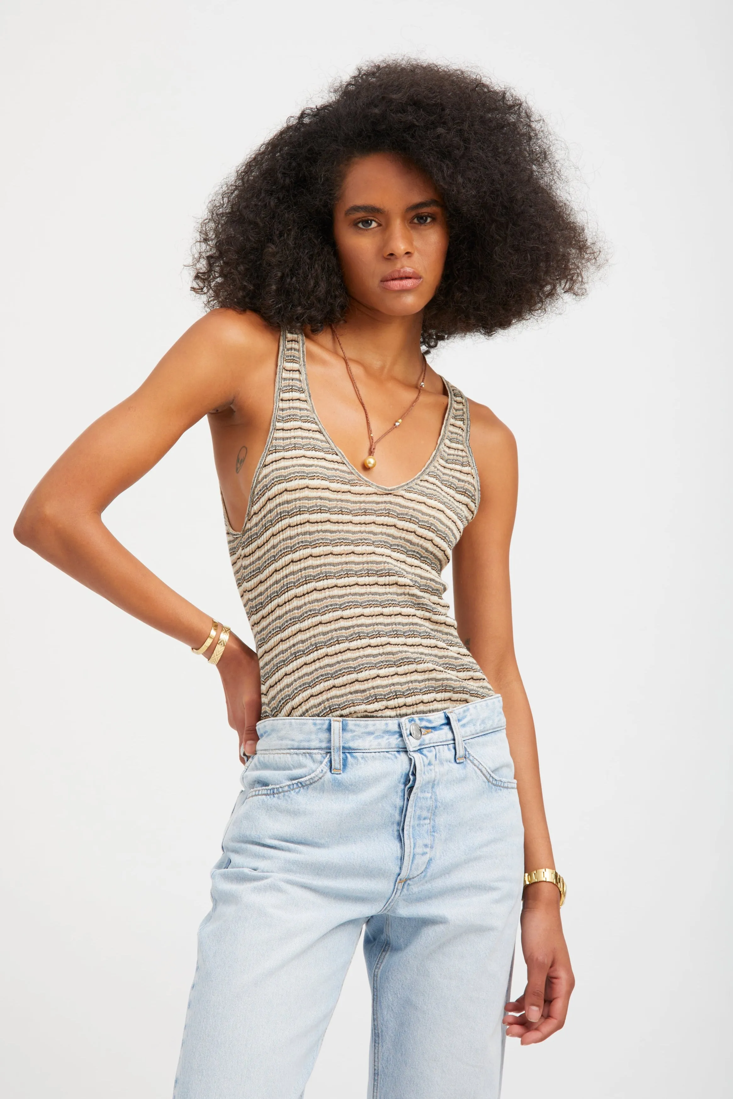 Truffle Striped Pointelle Tank sold by SPRWMN