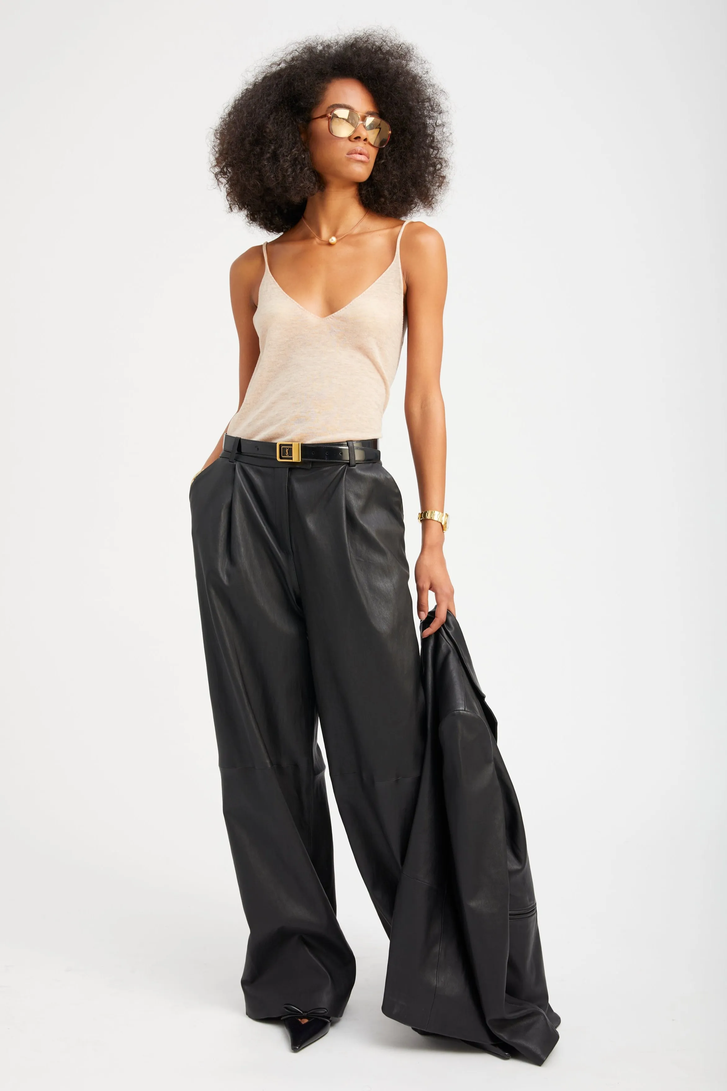 Black Leather Paloma Pleated Trousers sold by SPRWMN product image thumbnail 3