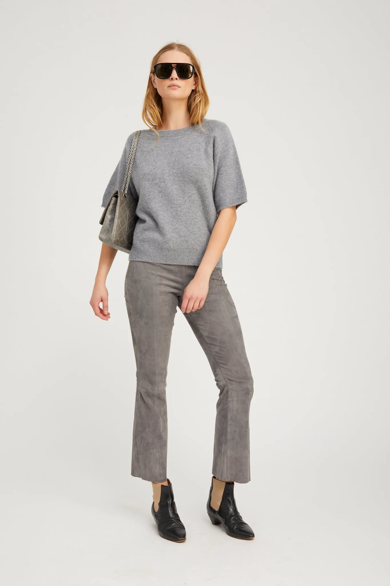 Grey Suede Ankle Flare Pants with Princess Seams sold by SPRWMN product image thumbnail 2