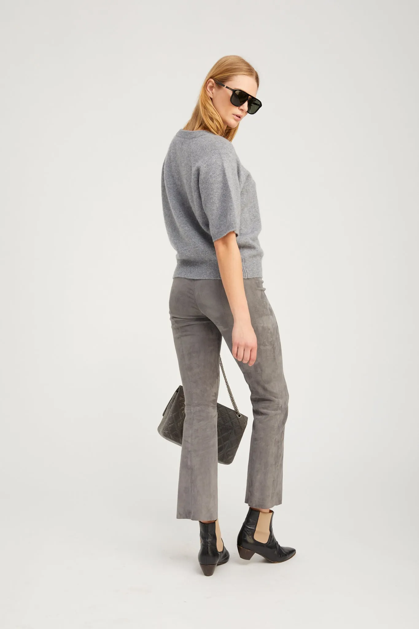 Grey Suede Ankle Flare Pants with Princess Seams sold by SPRWMN product image thumbnail 4