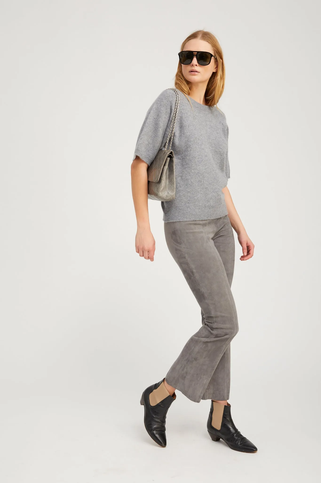 Grey Suede Ankle Flare Pants with Princess Seams sold by SPRWMN product image thumbnail 3