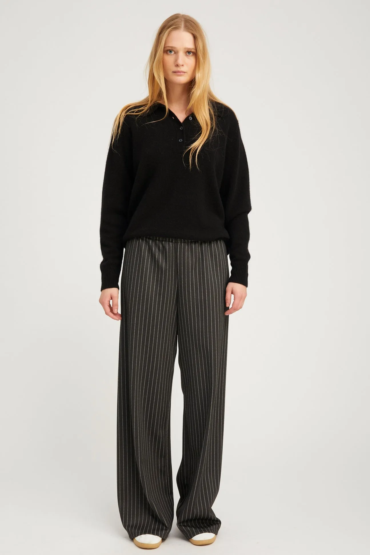 Black Pinstripe Wide Leg Easy Pants sold by SPRWMN