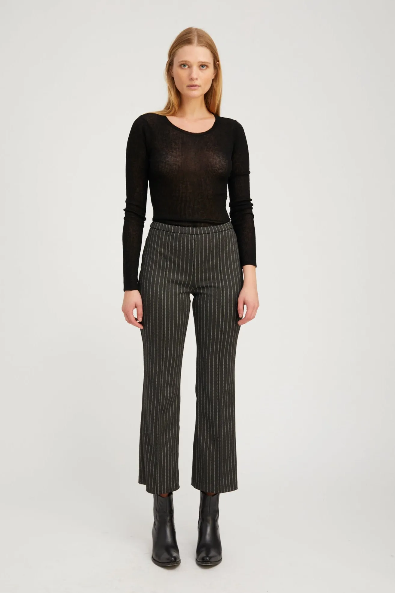 Black Pinstripe Ankle Flare with Pintucks sold by SPRWMN