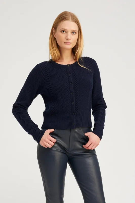 Navy Cashmere Cable Knit Cardigan sold by SPRWMN