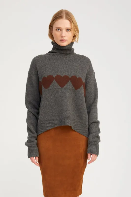 Grey Cashmere Heart Turtleneck Sweater sold by SPRWMN